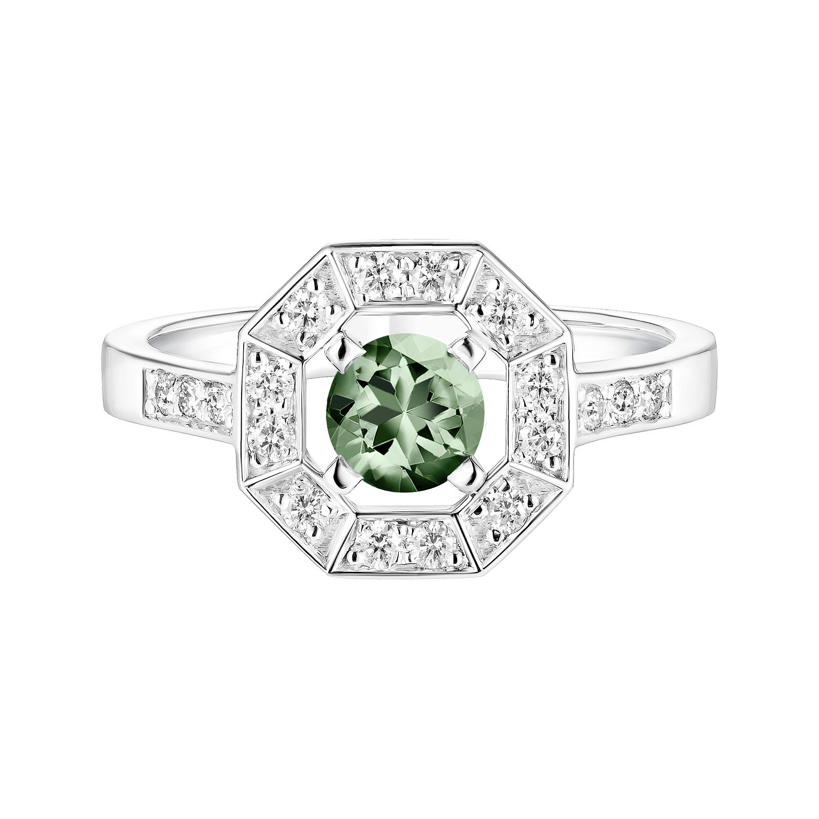 Bague Or blanc Saphir Vert et diamants Art Déco Rond 5 mm 1