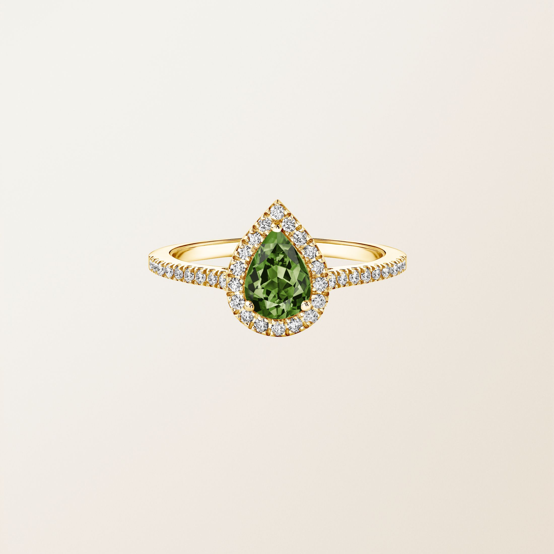 Bague Or jaune 18 cts Saphir Vert Olivier Rétromantique Poire Pavée