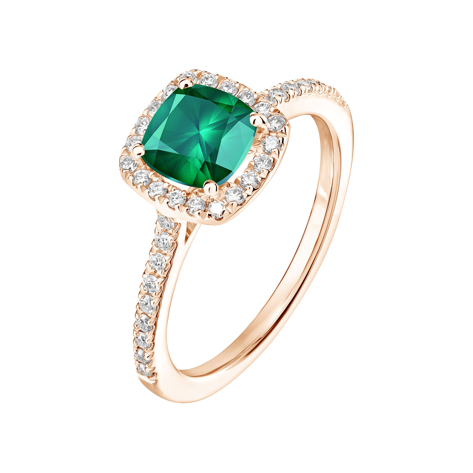 Bague Or rose Emeraude et diamants Rétromantique Coussin Pavée 1