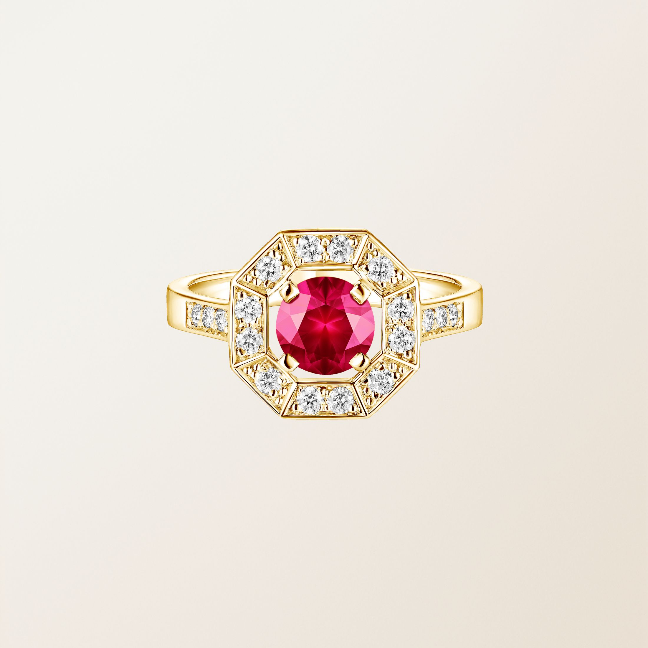 Bague Or jaune 18 cts Rubis Art Déco Rond 6 mm