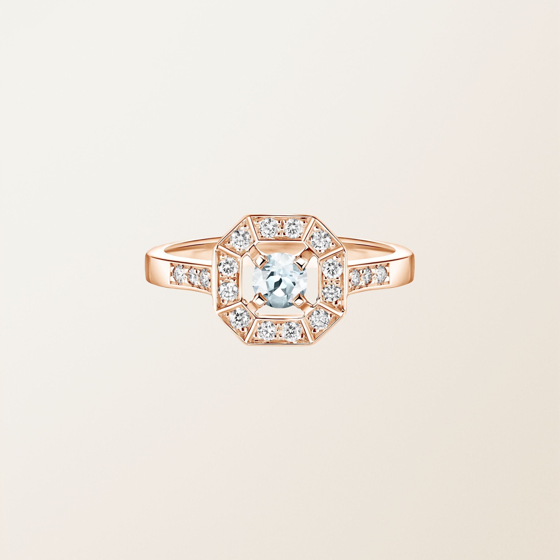 Bague Or rose 18 cts Aigue-marine Art Déco Rond 4 mm