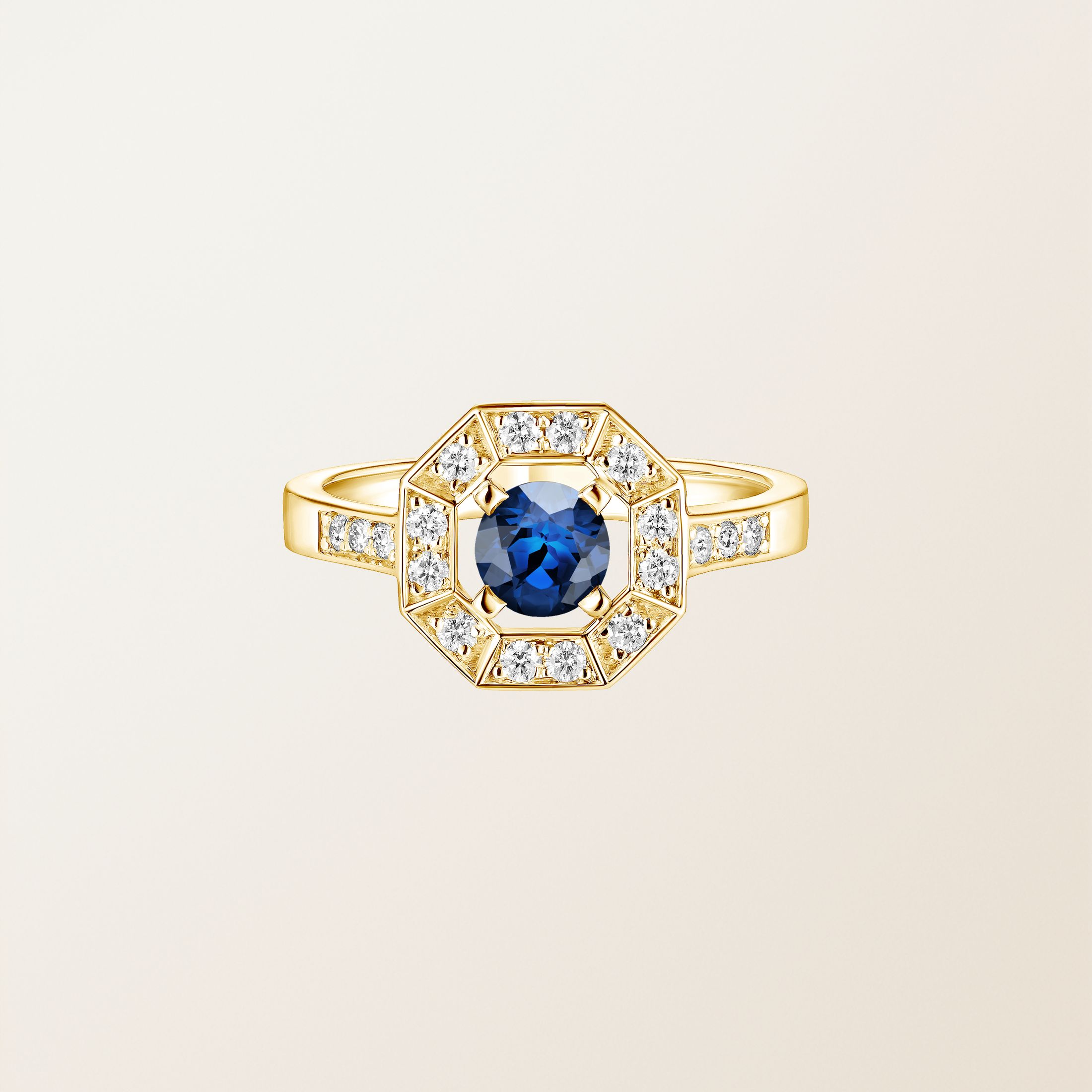 Bague Or jaune 18 cts Saphir Art Déco Rond 5 mm