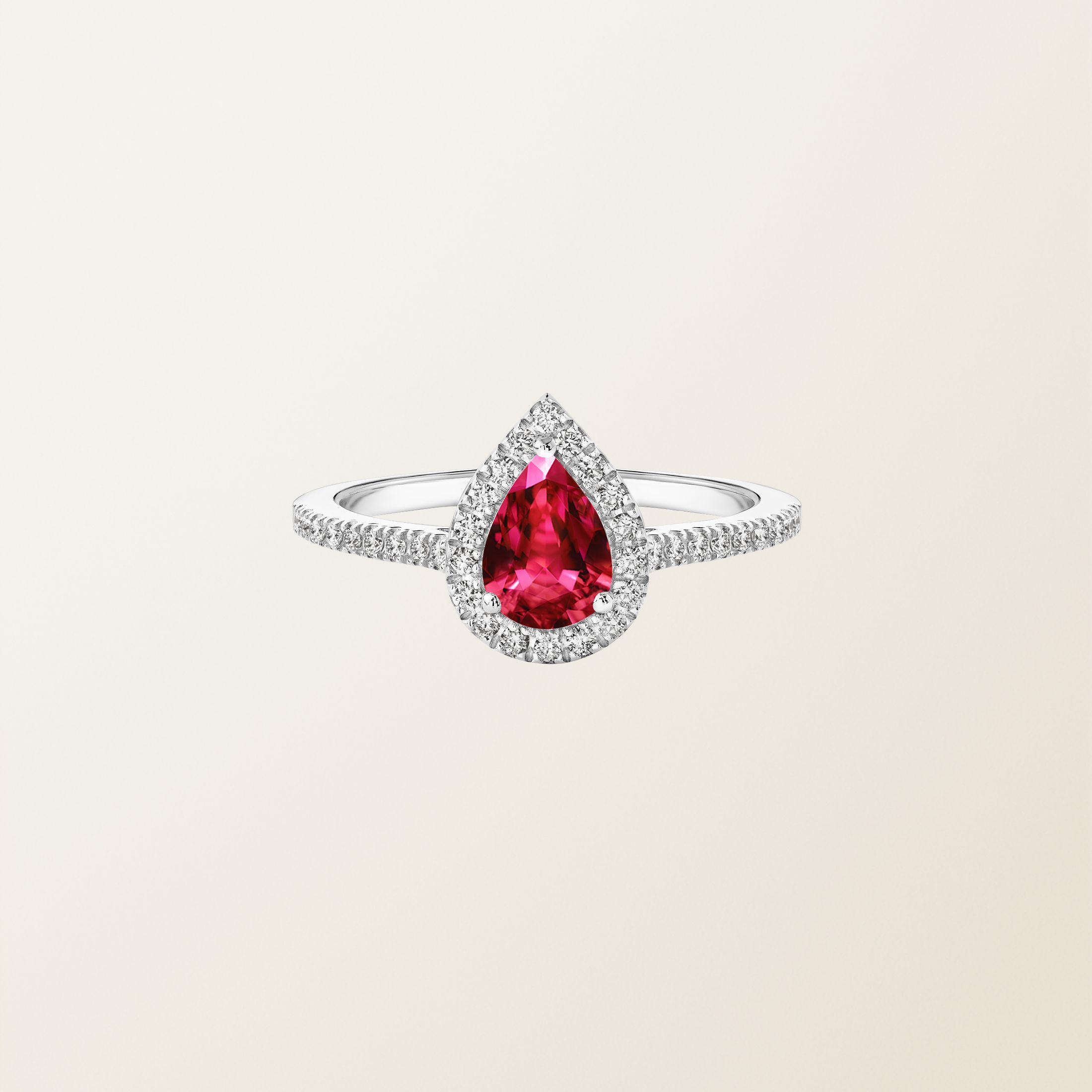 Bague Or blanc 18 cts Rubis Rétromantique Poire Pavée