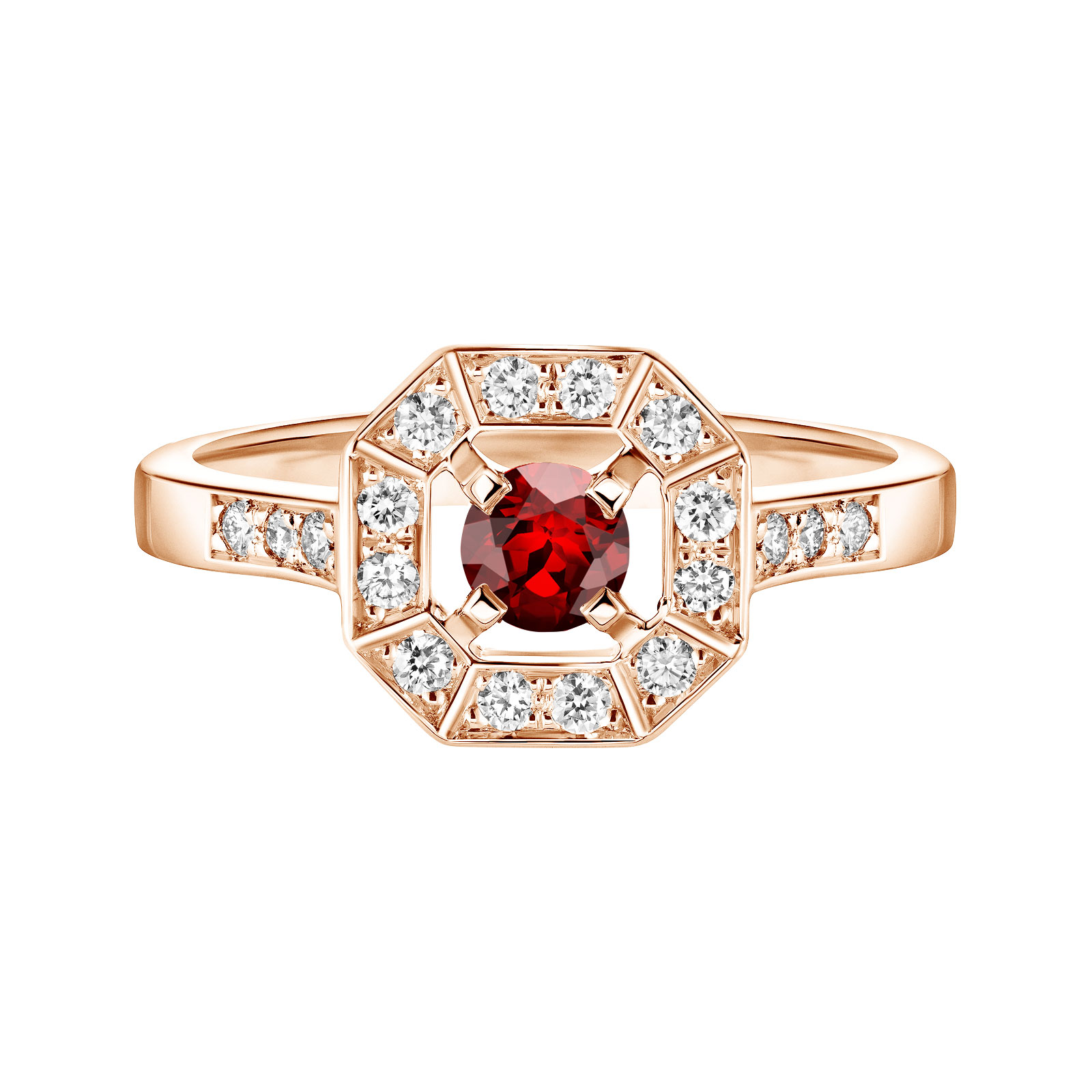 Bague Or rose Grenat et diamants Art Déco Rond 4 mm 1