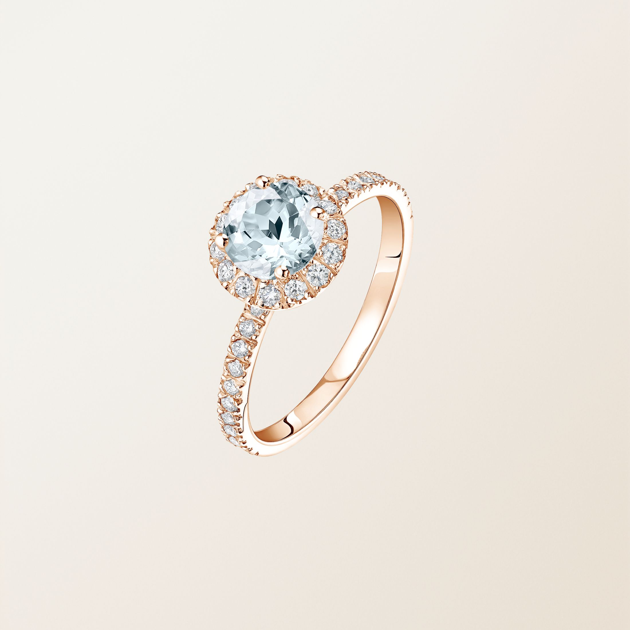 Bague Or rose 18 cts Aigue-marine Rétromantique L Pavée