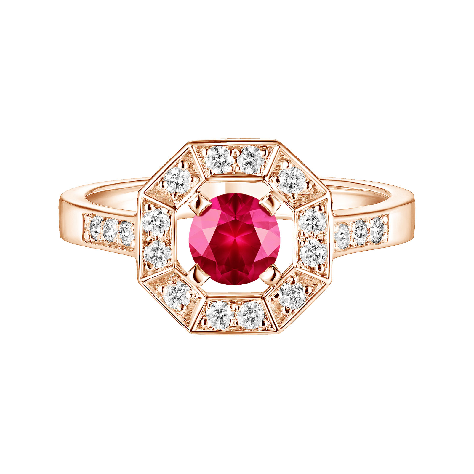 Bague Or rose Rubis et diamants Art Déco Rond 5 mm 1