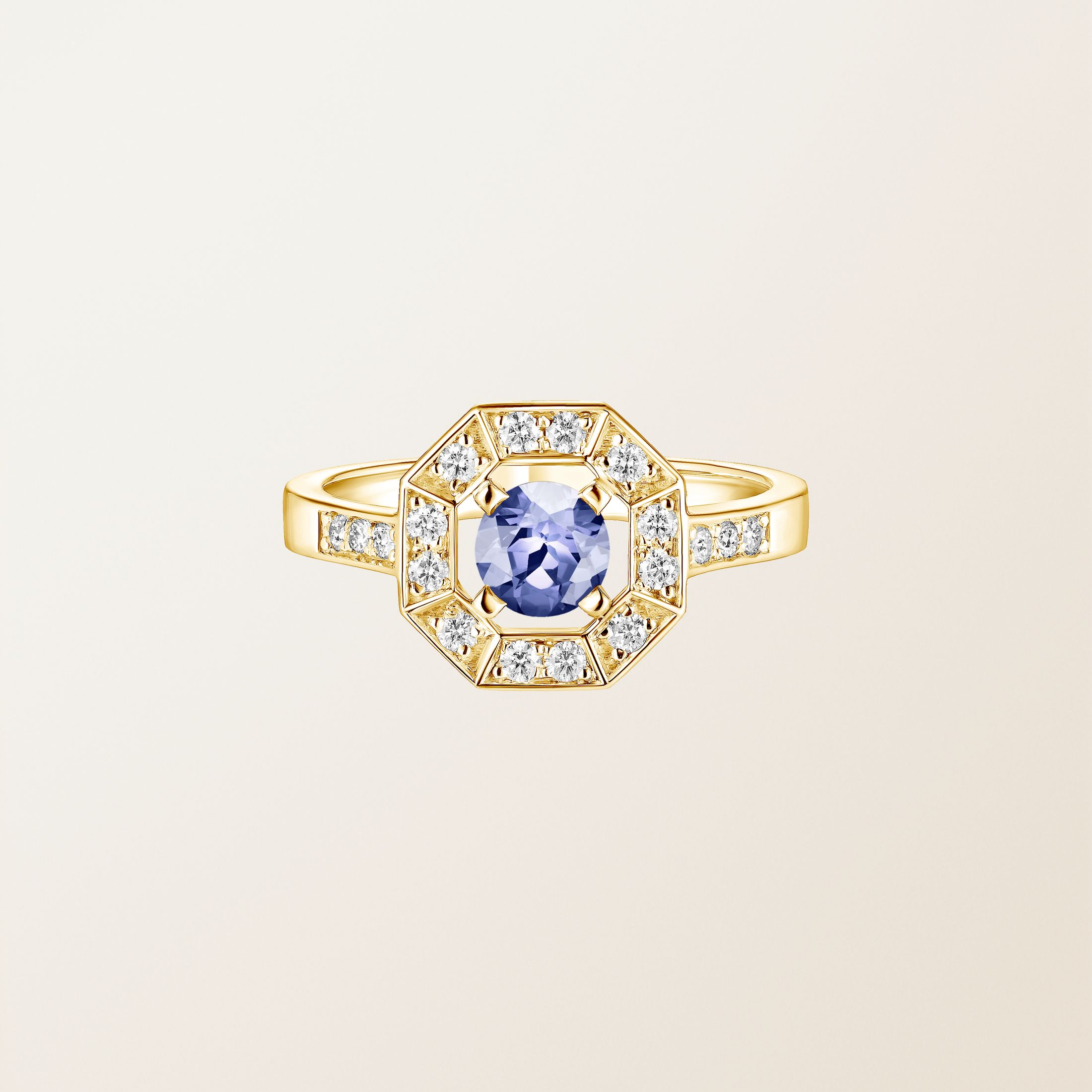 Bague Or jaune 18 cts Tanzanite Art Déco Rond 5 mm