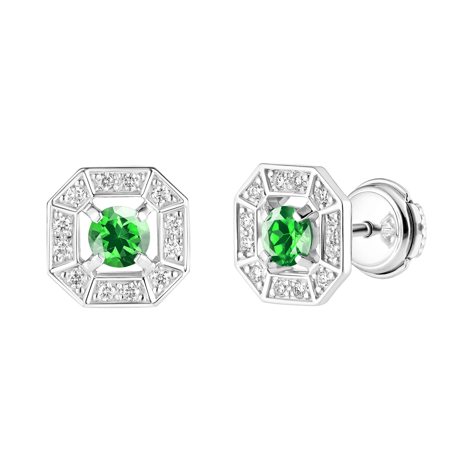 Boucles d'oreilles Or blanc Tsavorite et diamants Art Déco Rond 4 mm 1