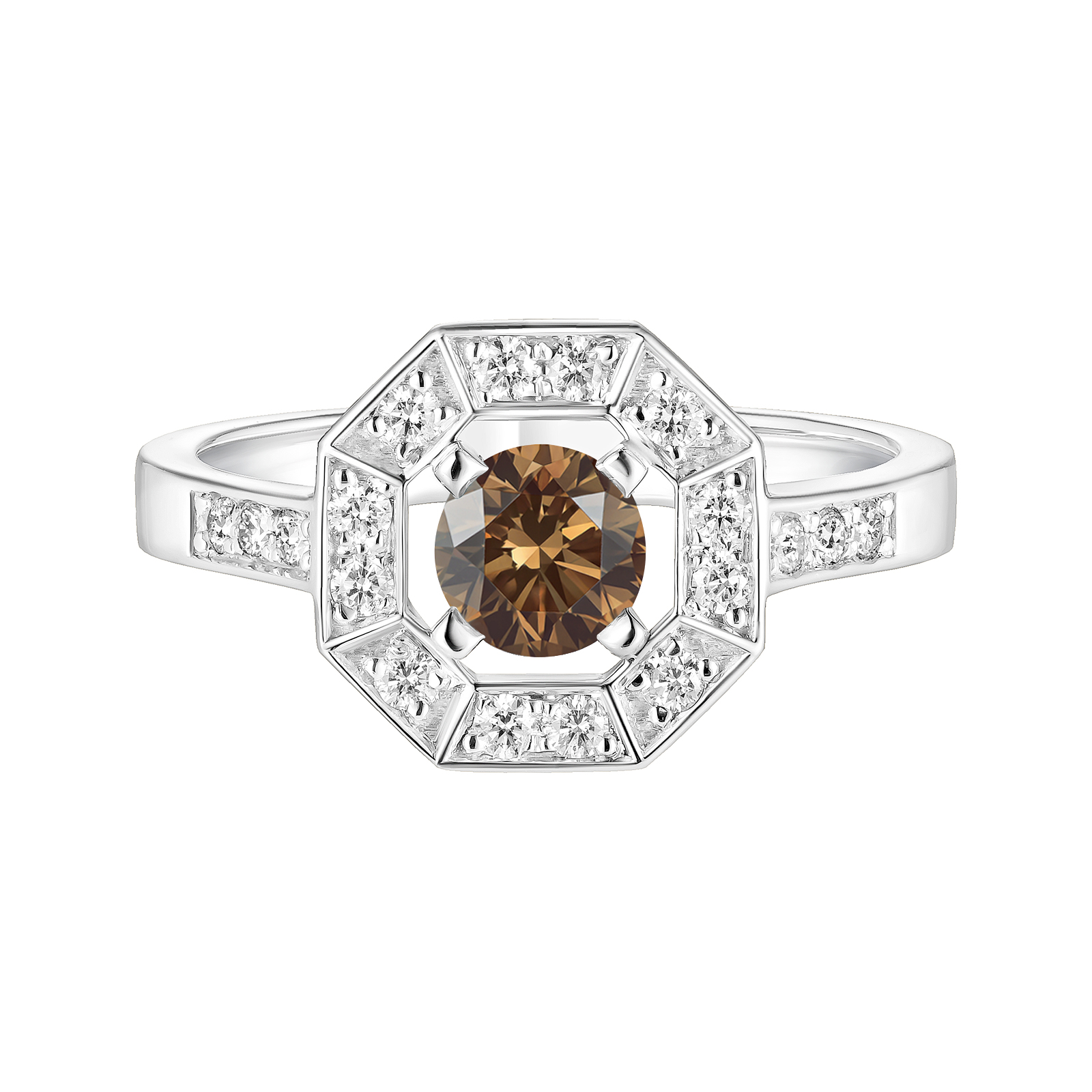 Bague Or blanc Diamant Chocolat et diamants Art Déco Rond 5 mm 1