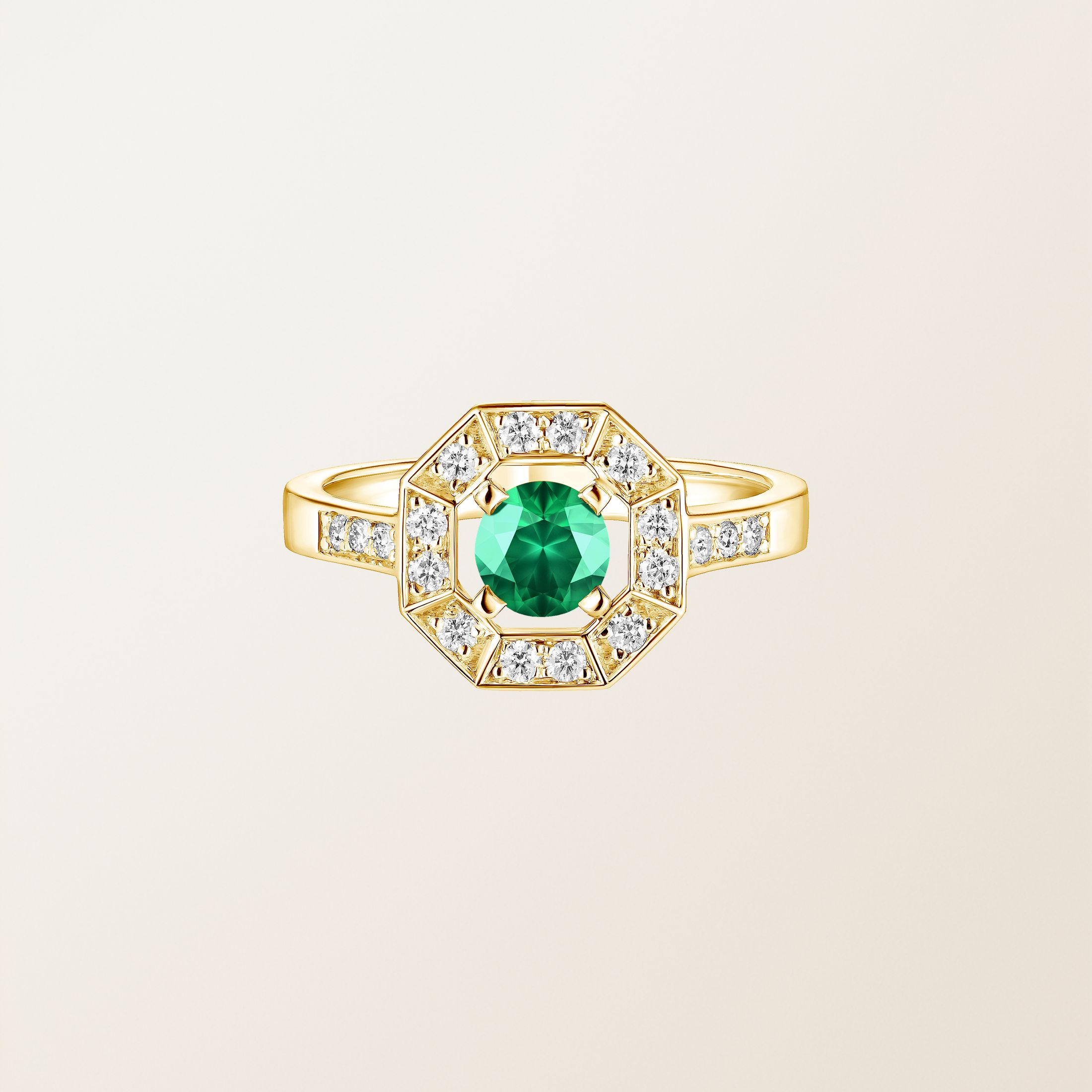 Bague Or jaune 18 cts Emeraude Art Déco Rond 5 mm
