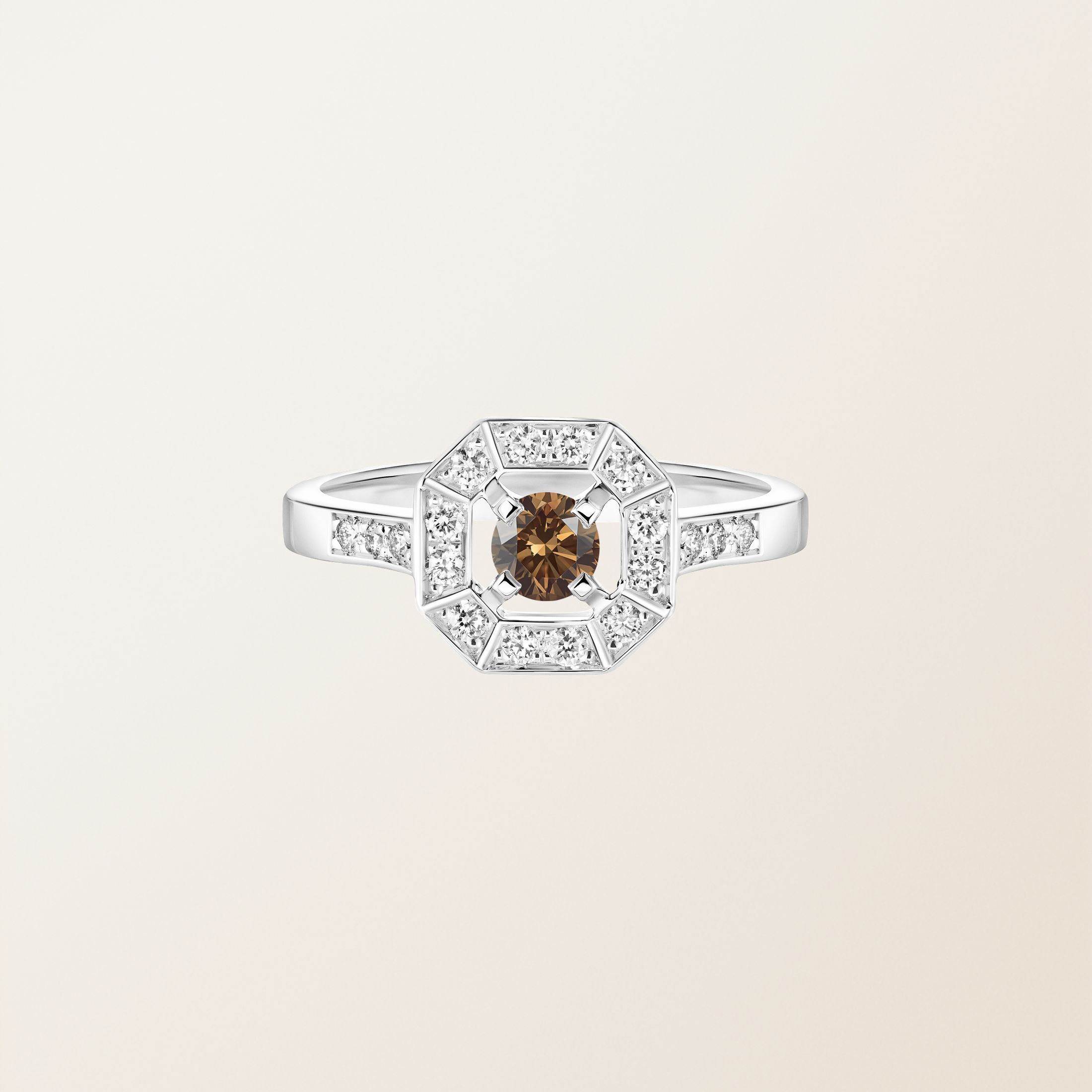 Bague Or blanc 18 cts Diamant Chocolat Art Déco Rond 4 mm