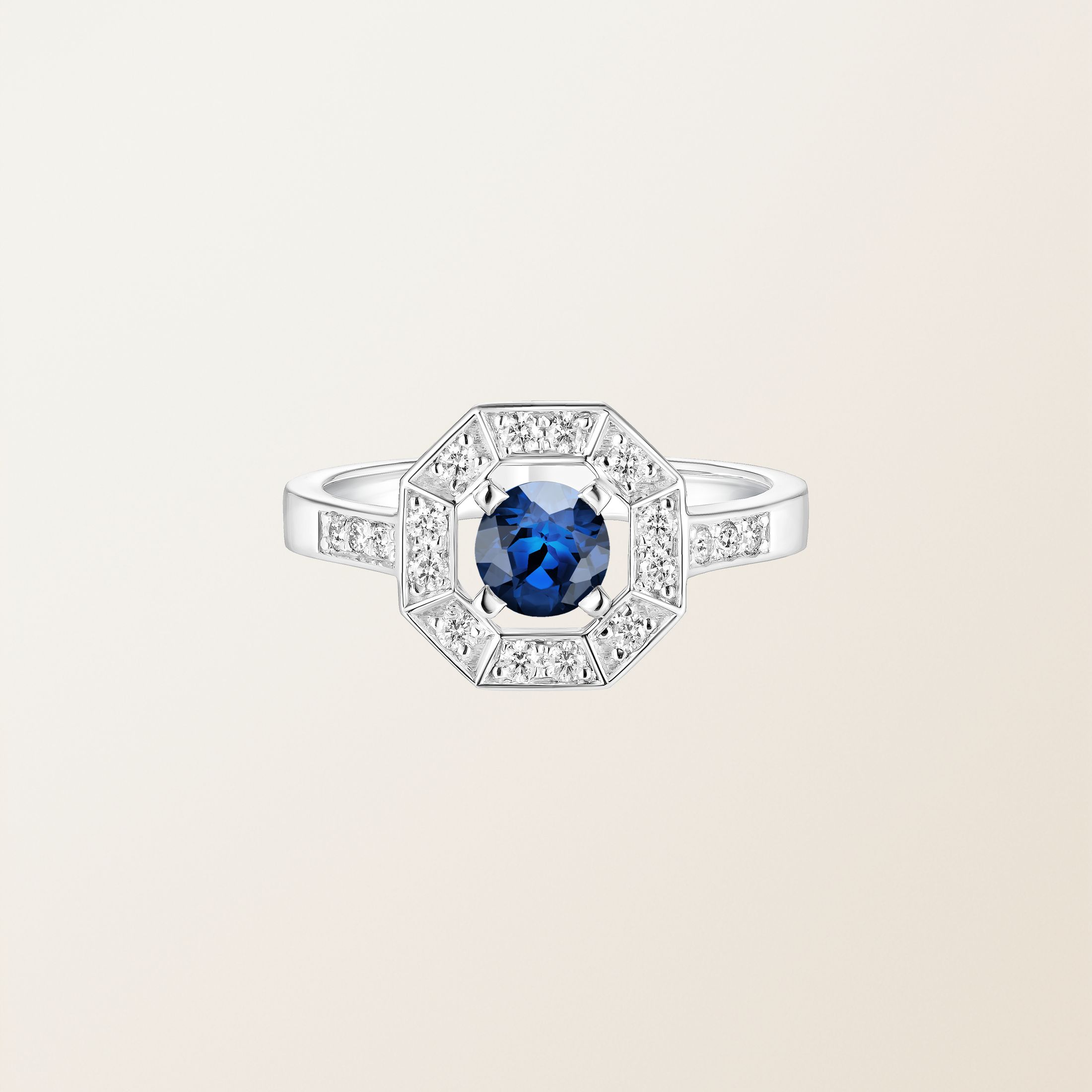 Bague Or blanc 18 cts Saphir Art Déco Rond 5 mm