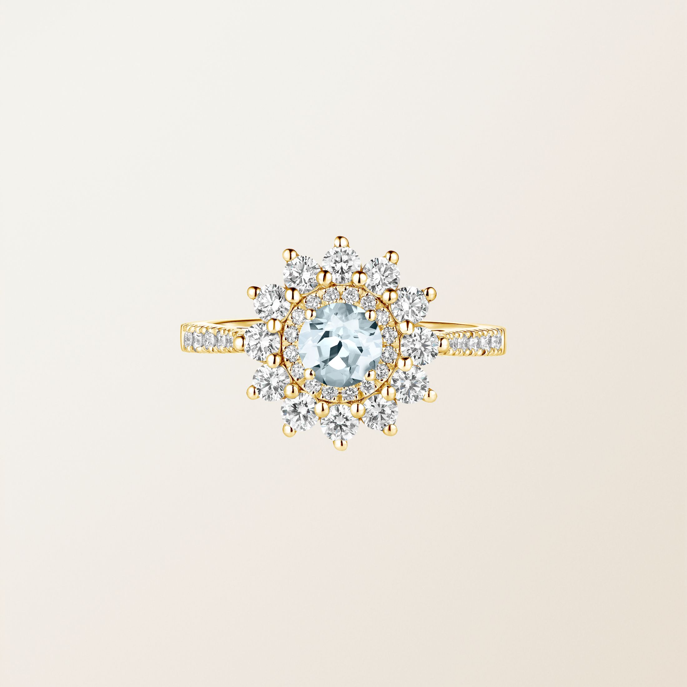 Bague Or jaune 18 cts Aigue-marine Lefkos 5 mm Pavée
