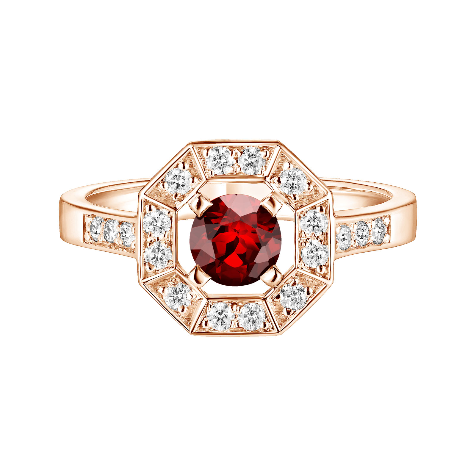 Bague Or rose Grenat et diamants Art Déco Rond 5 mm 1