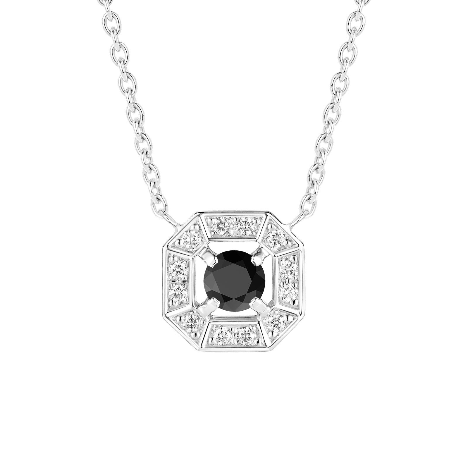 Pendentif Or blanc Spinelle noir et diamants Art Déco Rond 4 mm 1