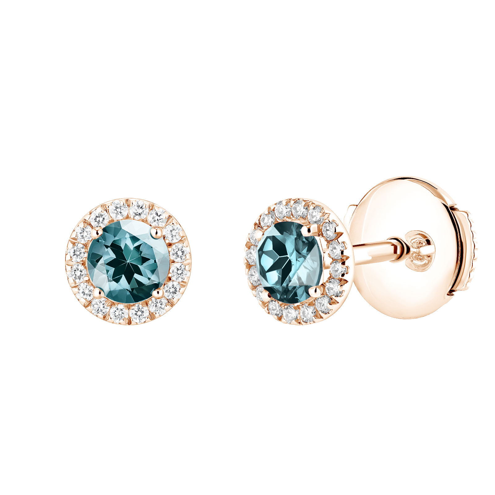Boucles d'oreilles Or rose Saphir Bleu Gris et diamants Rétromantique S 1