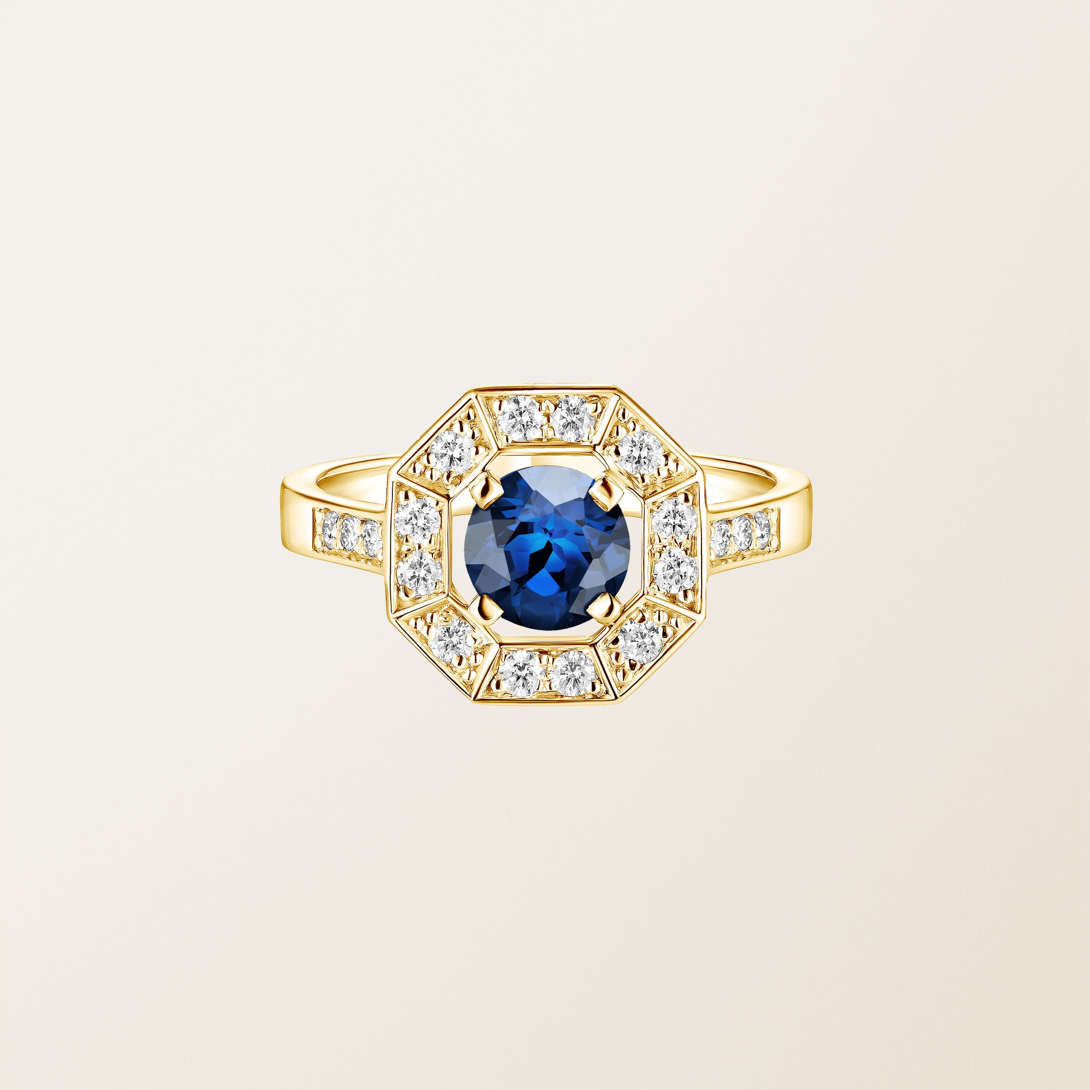 Bague Or jaune 18 cts Saphir Art Déco Rond 6 mm