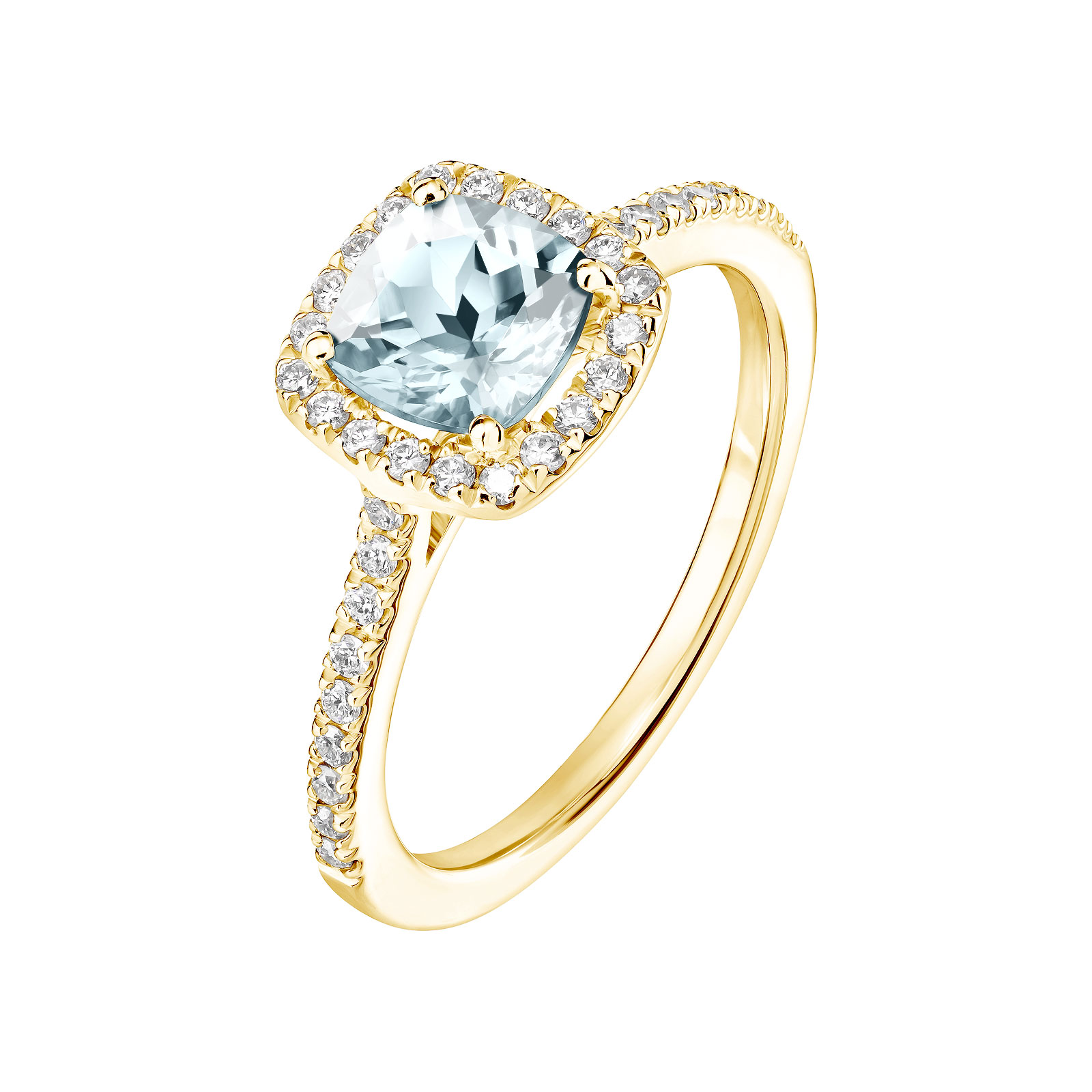 Bague Or jaune Aigue-marine et diamants Rétromantique Coussin Pavée 1