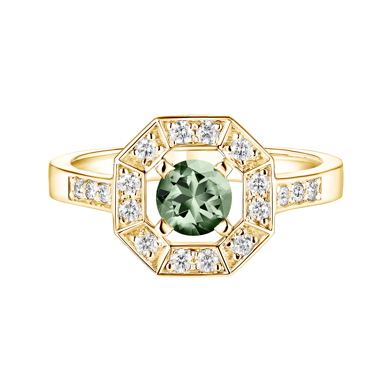 Bague Or jaune Saphir Vert et diamants Art Déco Rond 5 mm 1