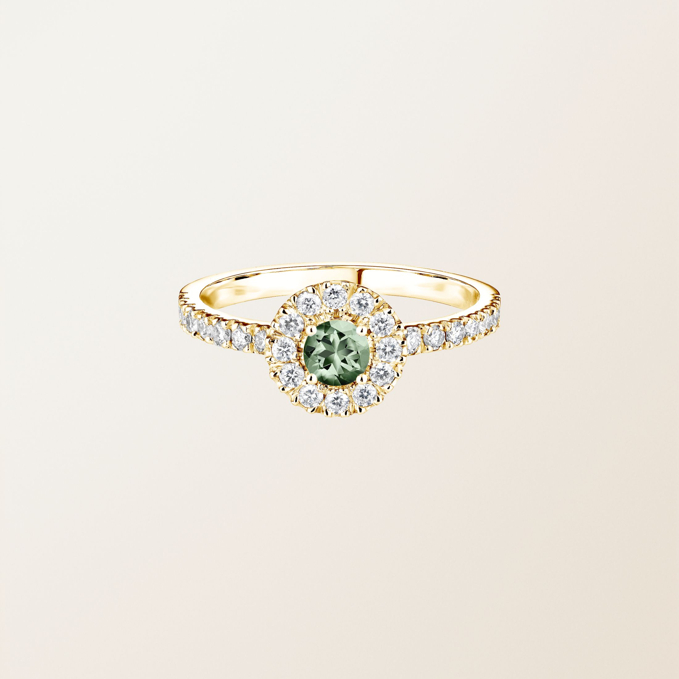Bague Or jaune 18 cts Saphir Vert Rétromantique Solo Pavée