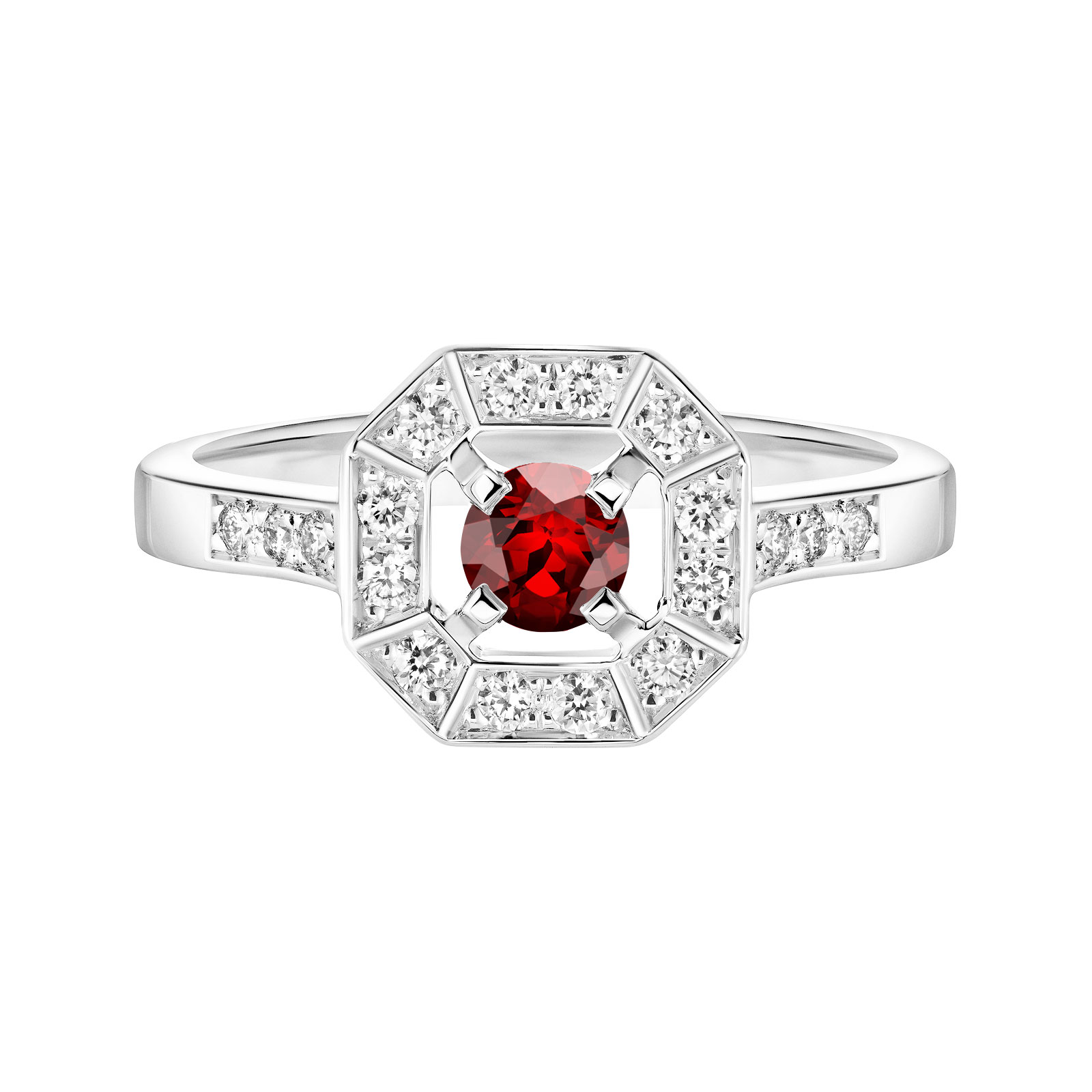 Bague Or blanc Grenat et diamants Art Déco Rond 4 mm 1