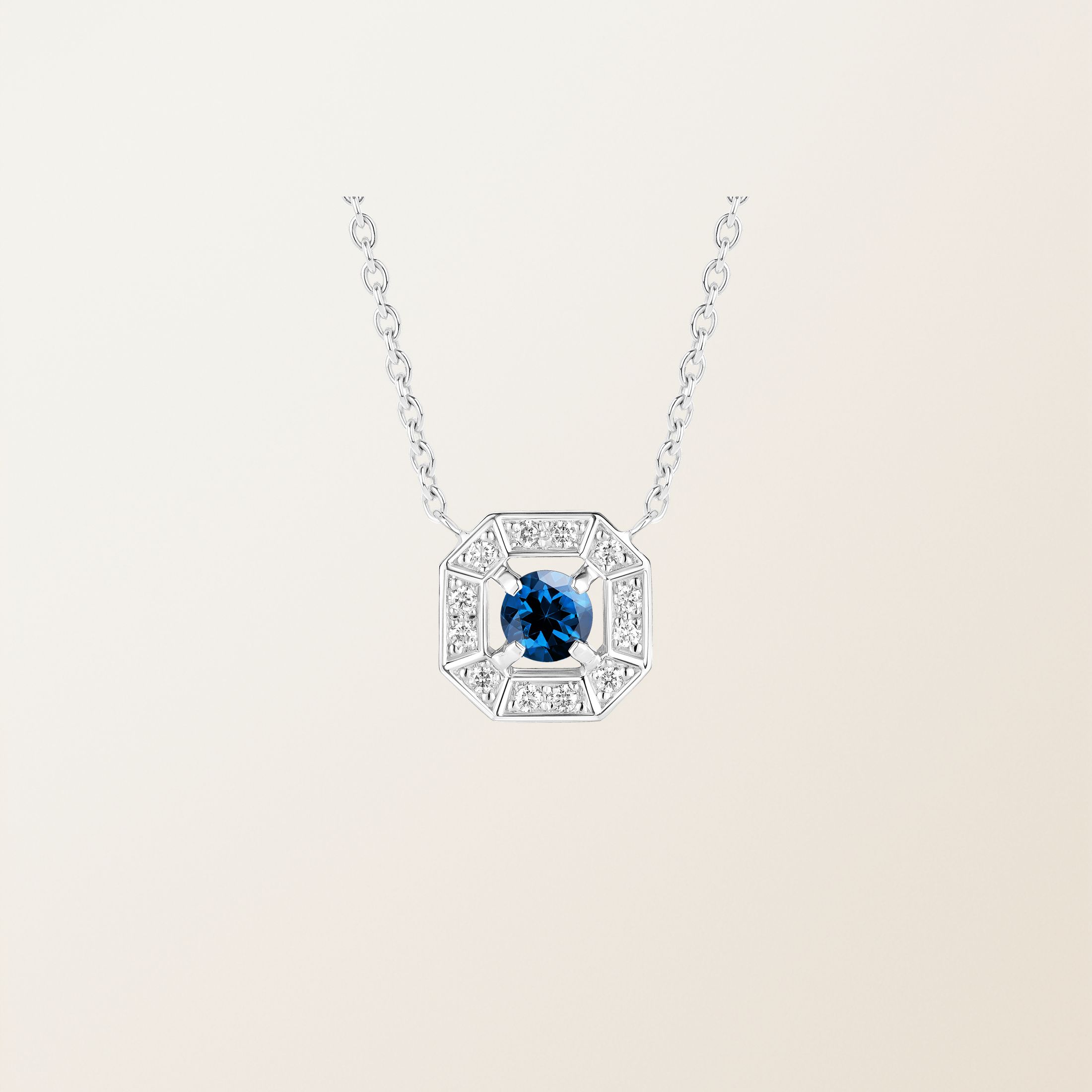 Pendentif Or blanc 18 cts Saphir Art Déco Rond 4 mm