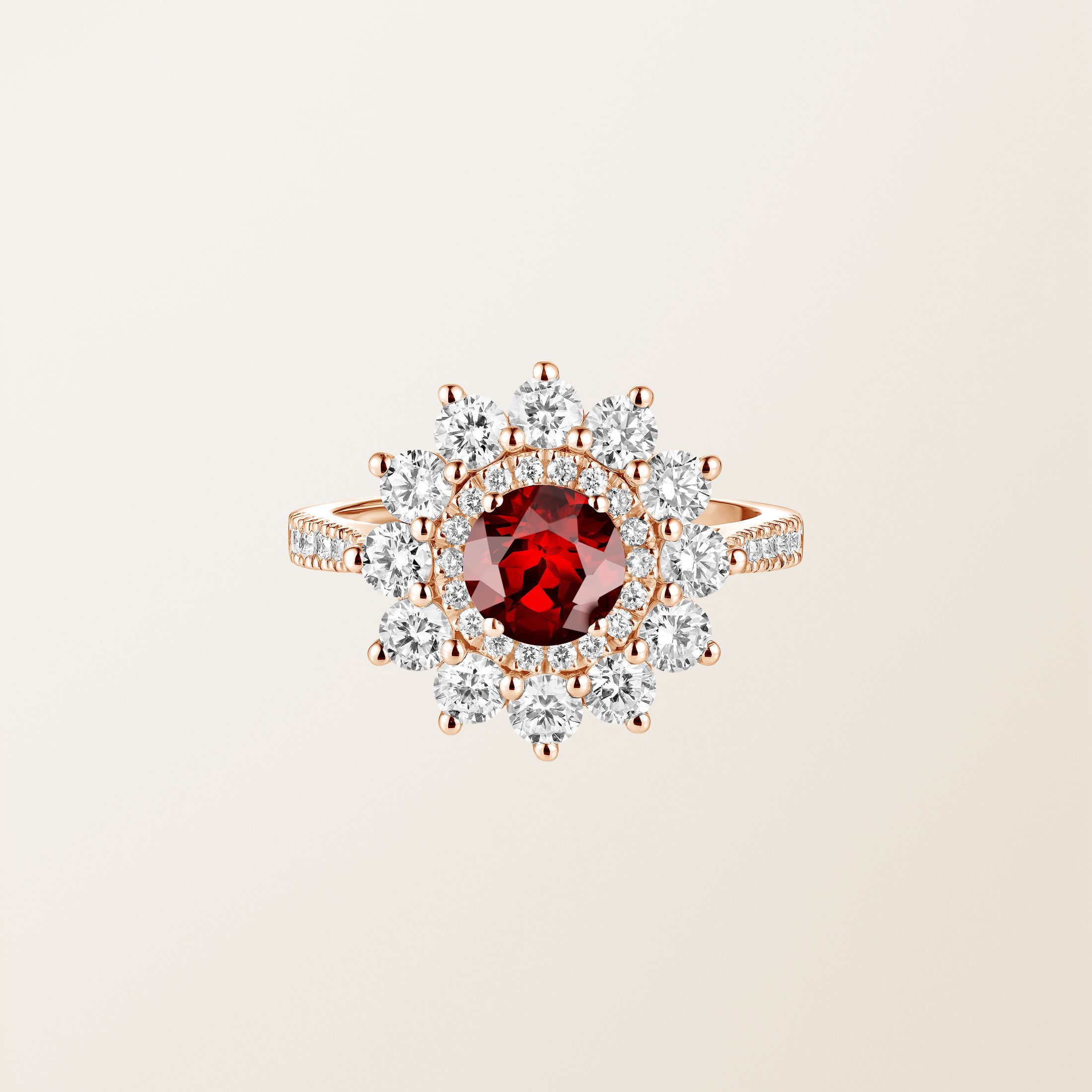 Bague Or rose 18 cts Grenat Lefkos 6 mm Pavée
