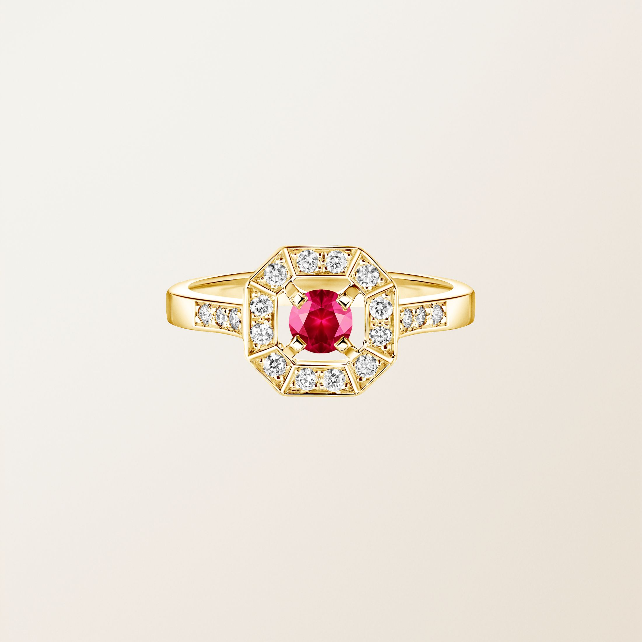 Bague Or jaune 18 cts Rubis Art Déco Rond 4 mm