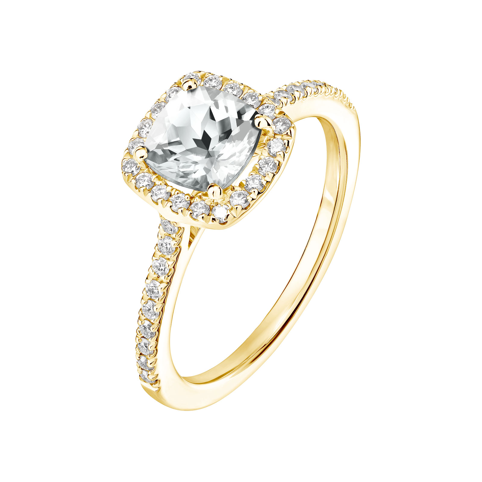 Bague Or jaune Quartz et diamants Rétromantique Coussin Pavée 1