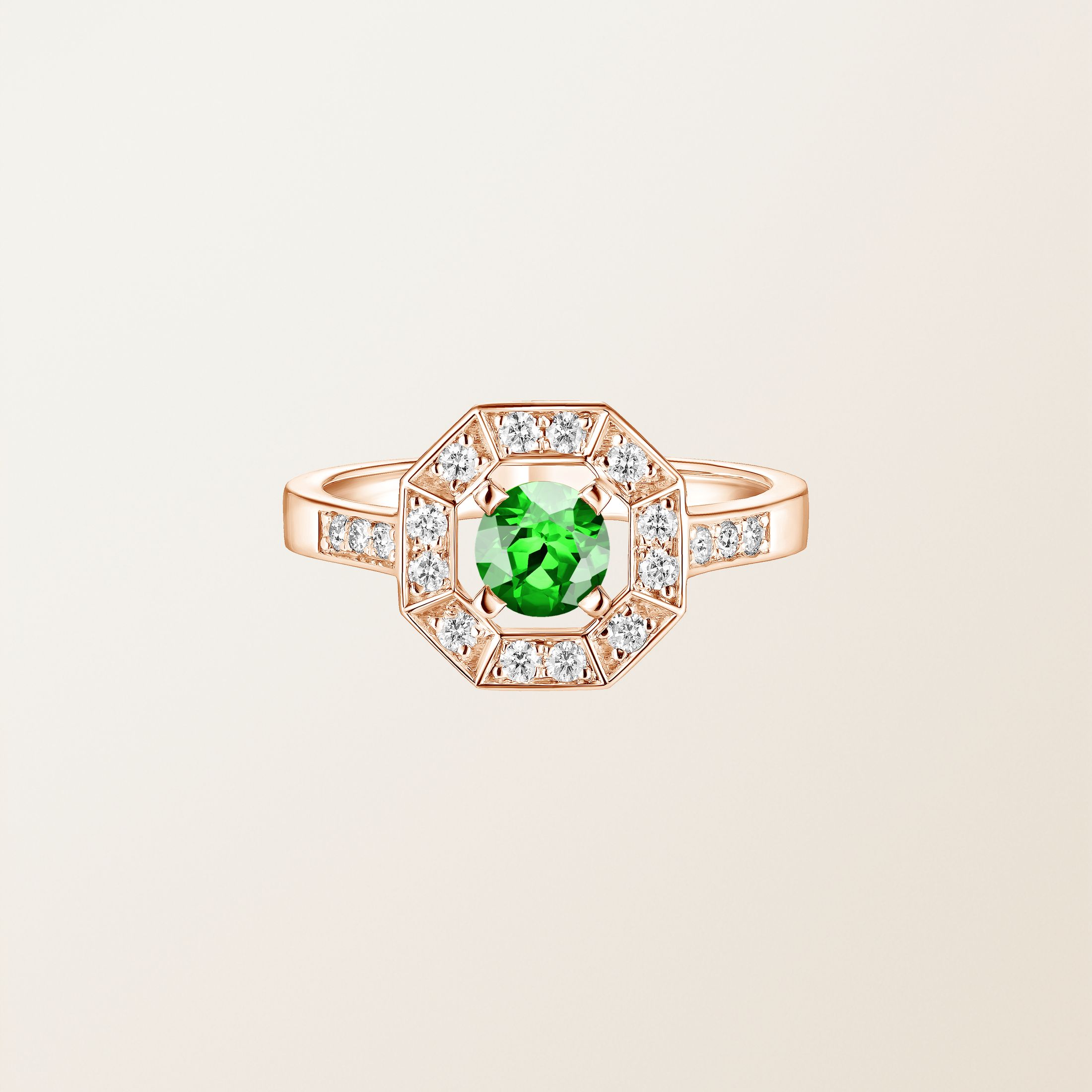 Bague Or rose 18 cts Tsavorite Art Déco Rond 5 mm