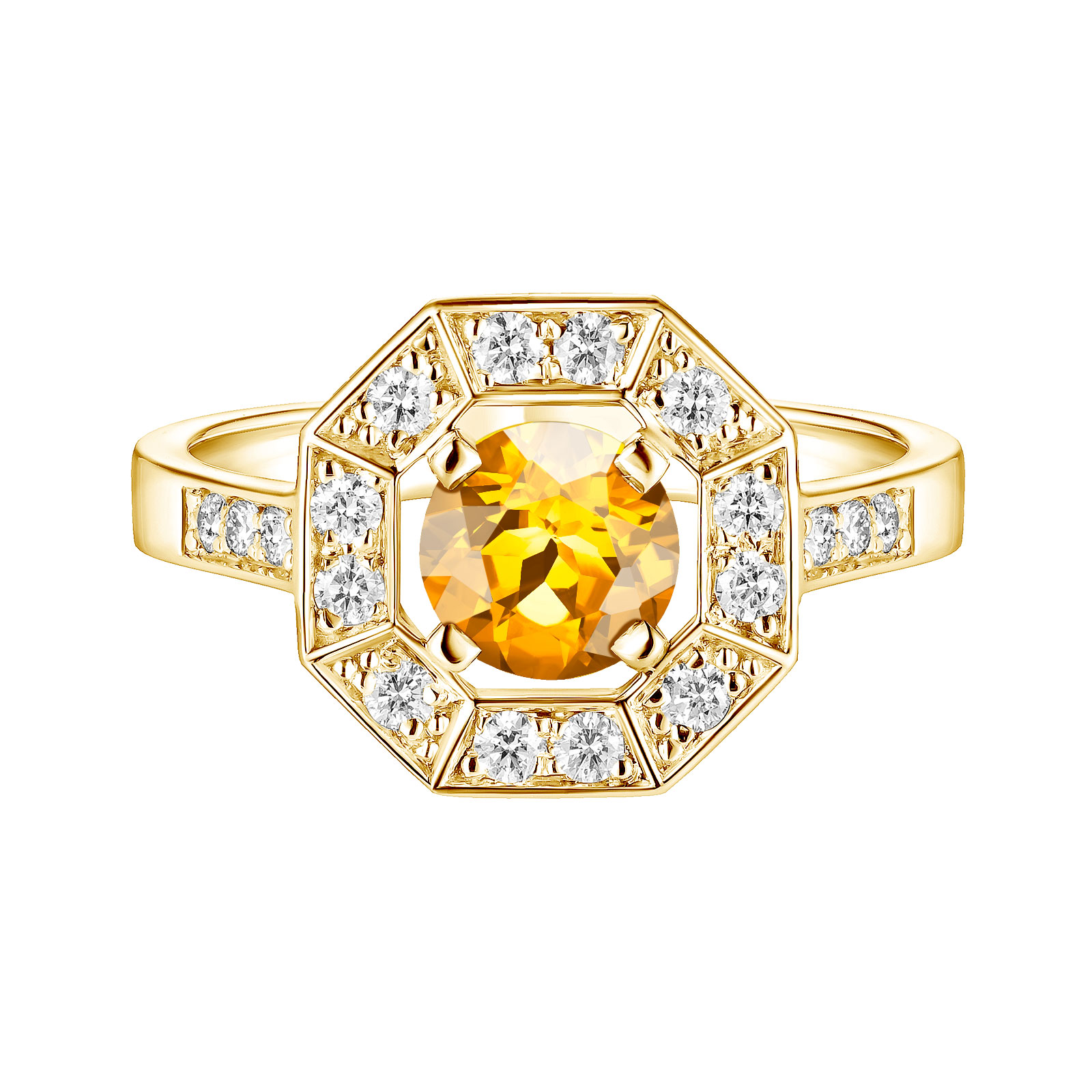 Bague Or jaune Citrine et diamants Art Déco Rond 6 mm 1
