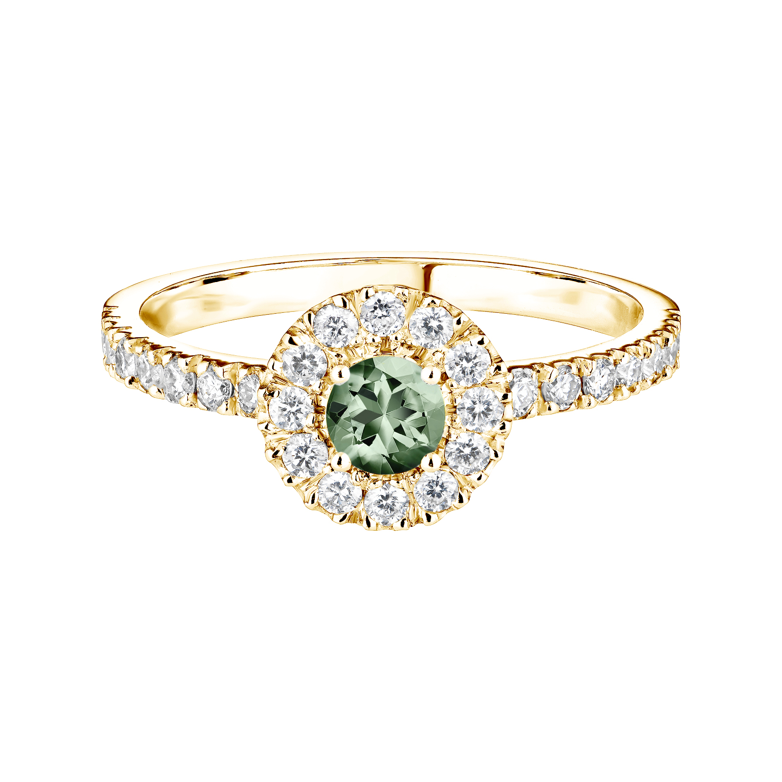 Bague Or jaune Saphir Vert et diamants Rétromantique Solo Pavée 1