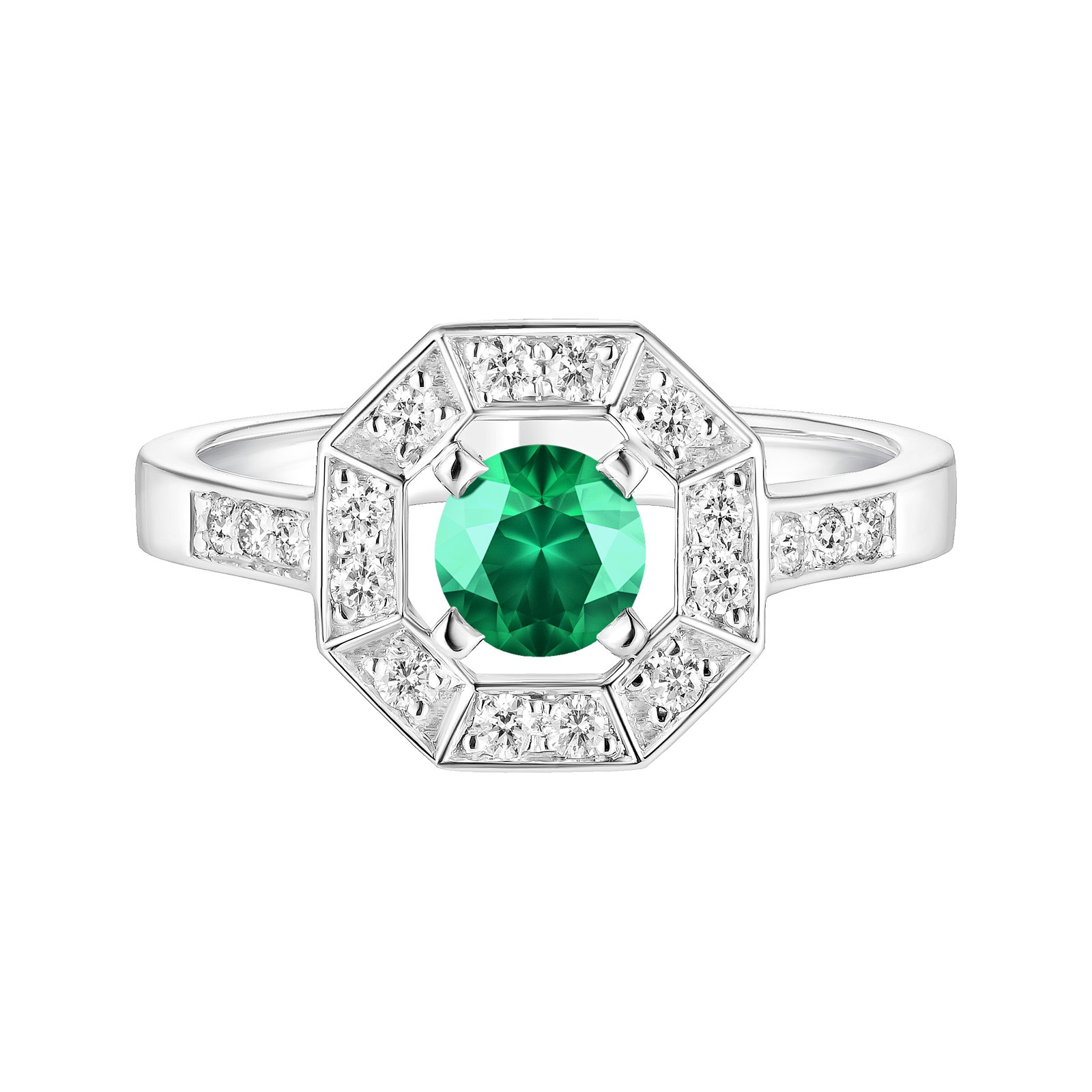 Bague Or blanc Emeraude et diamants Art Déco Rond 5 mm 1