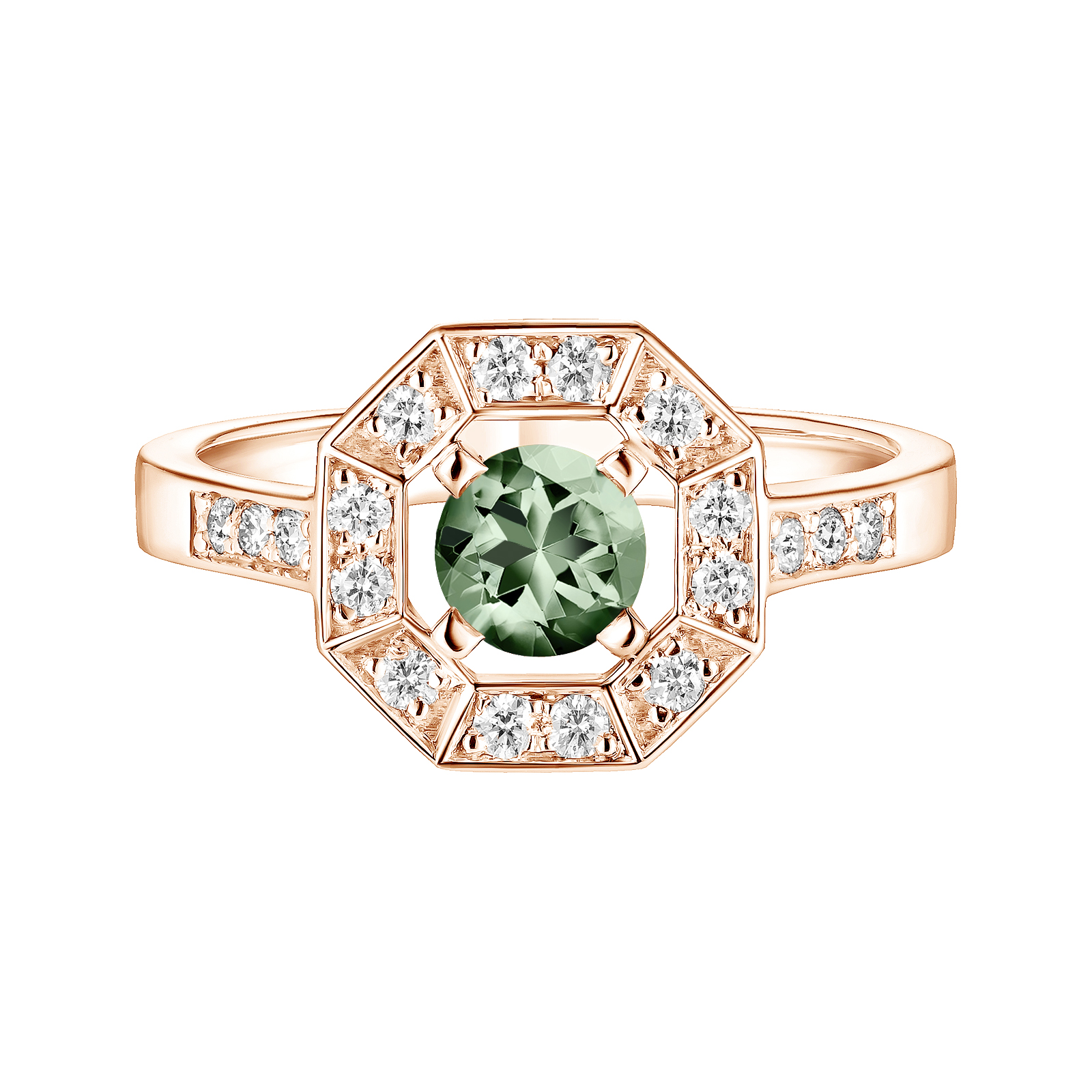 Bague Or rose Saphir Vert et diamants Art Déco Rond 5 mm 1