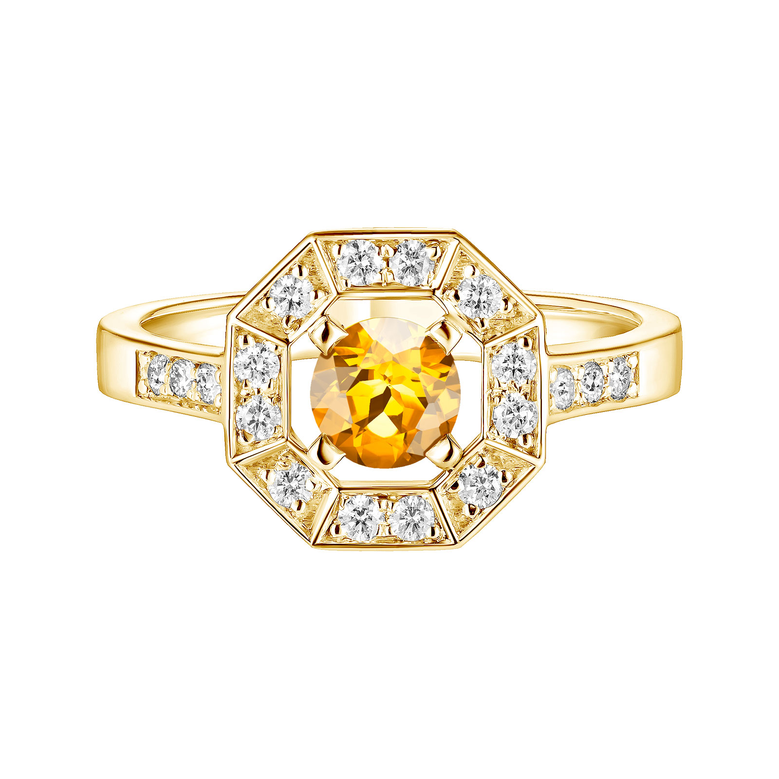 Bague Or jaune Citrine et diamants Art Déco Rond 5 mm 1