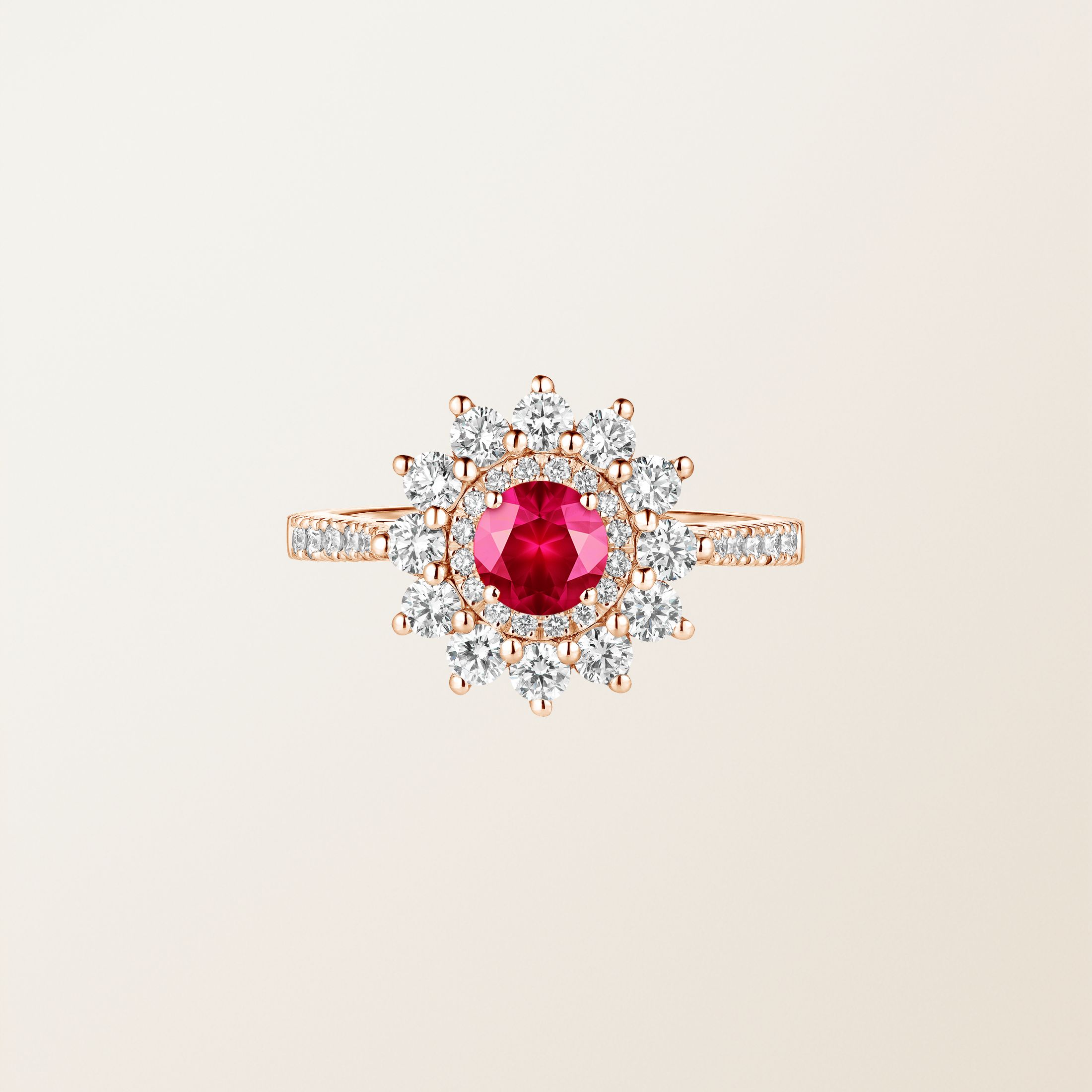 Bague Or rose 18 cts Rubis Lefkos 5 mm Pavée