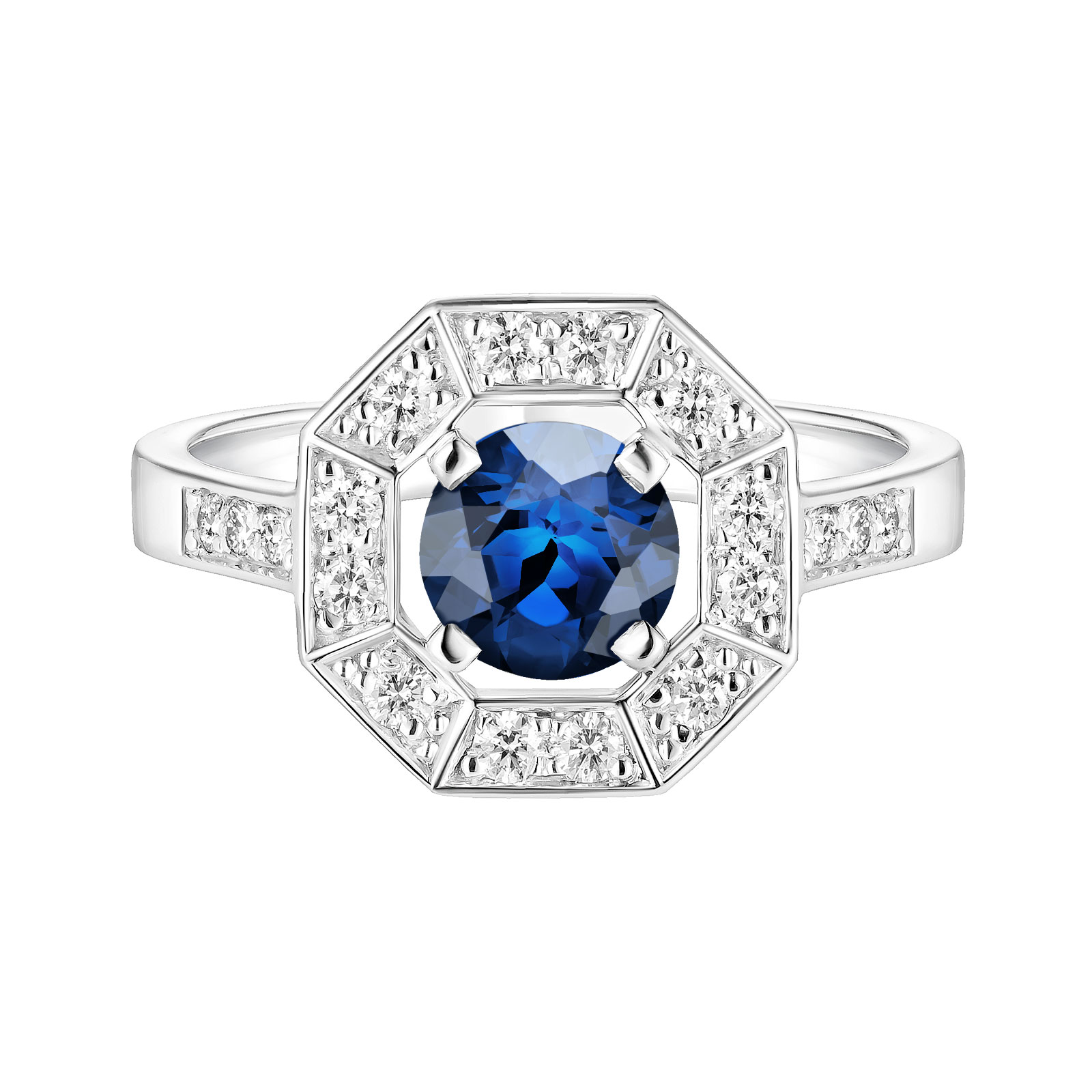 Bague Or blanc Saphir et diamants Art Déco Rond 6 mm 1