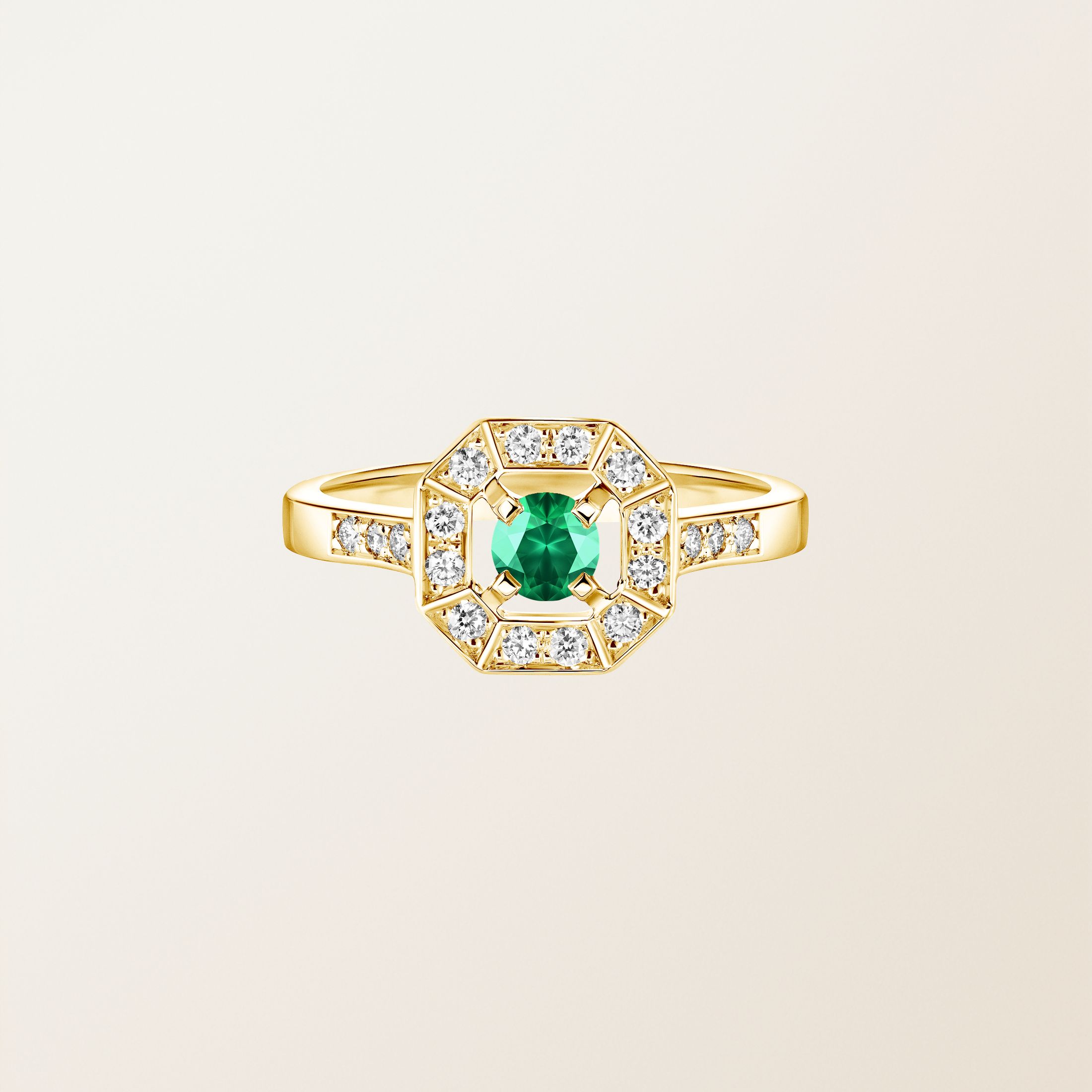 Bague Or jaune 18 cts Emeraude Art Déco Rond 4 mm