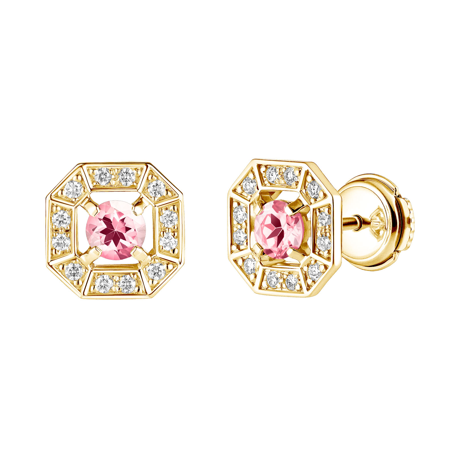 Boucles d'oreilles Or jaune Tourmaline et diamants Art Déco Rond 4 mm 1
