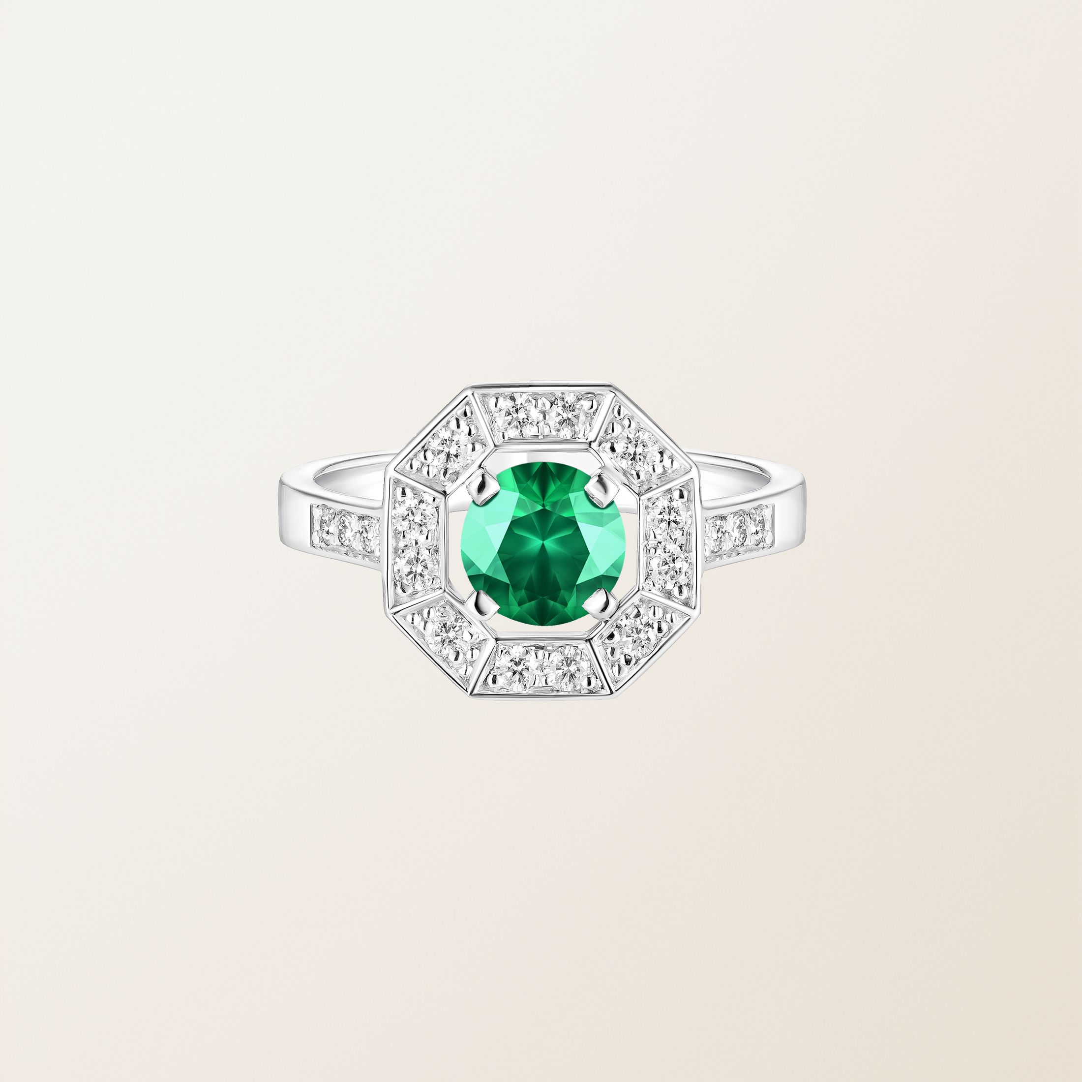 Ring 18K Weißgold Smaragdgrün Art Déco Rond 6 mm