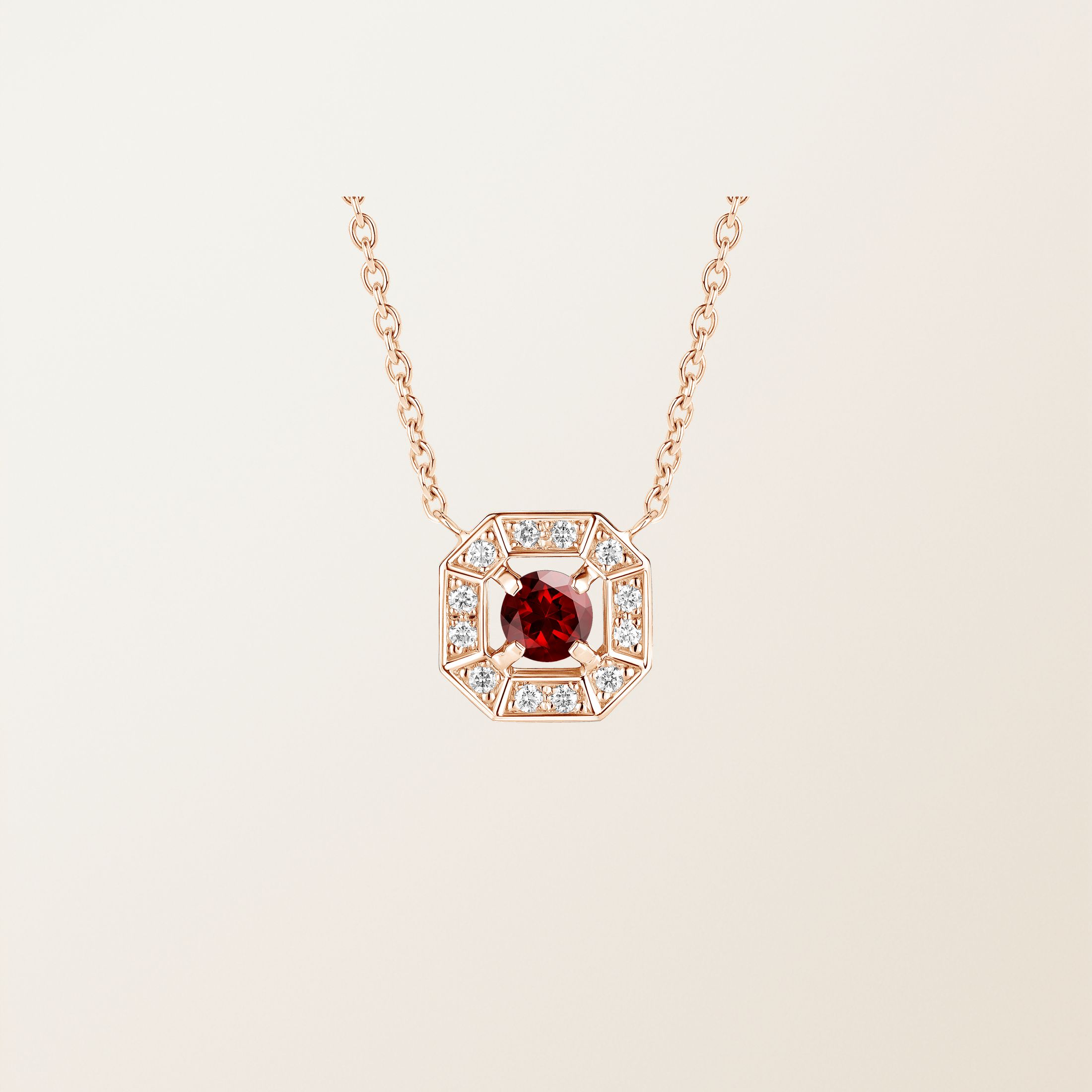Pendentif Or rose 18 cts Grenat Art Déco Rond 4 mm
