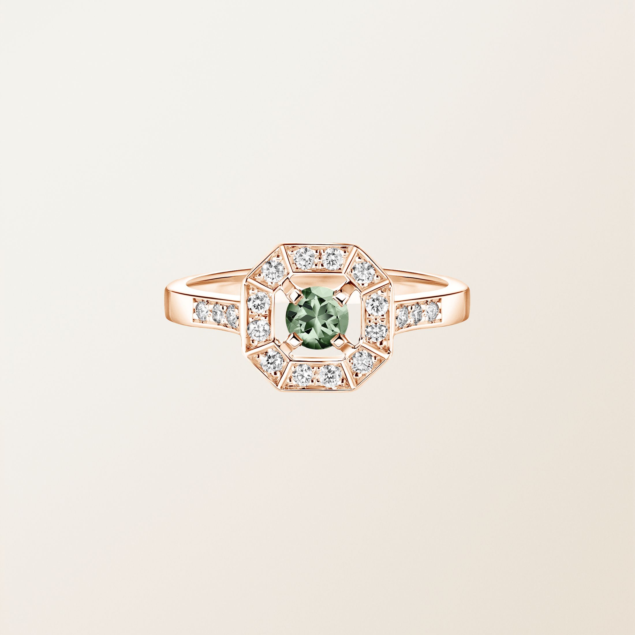 Bague Or rose 18 cts Saphir Vert Art Déco Rond 4 mm