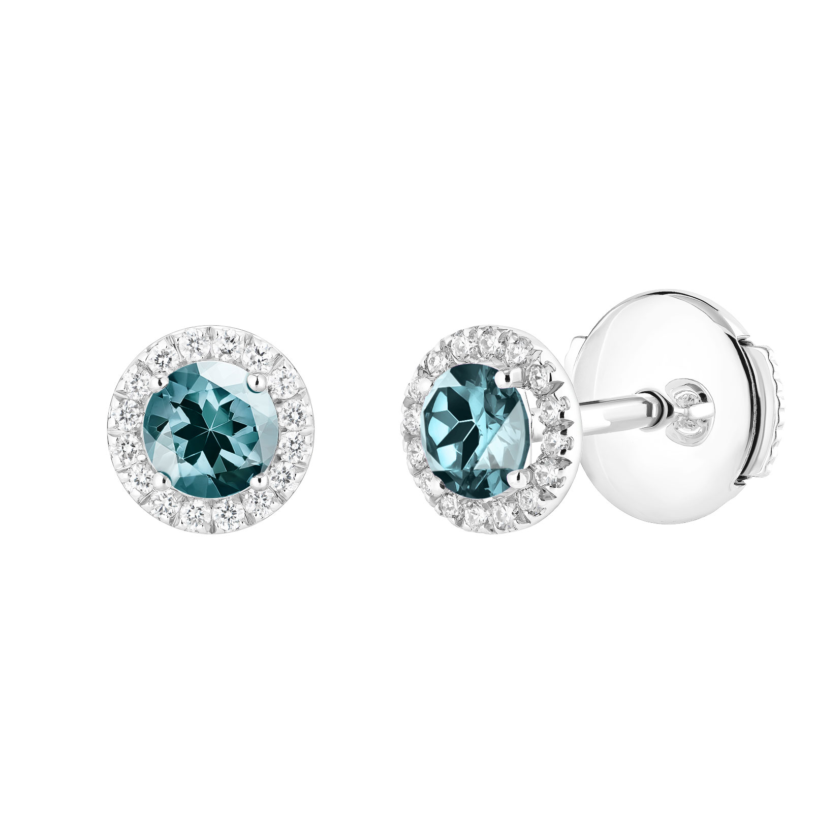 Boucles d'oreilles Or blanc Saphir Bleu Gris et diamants Rétromantique S 1