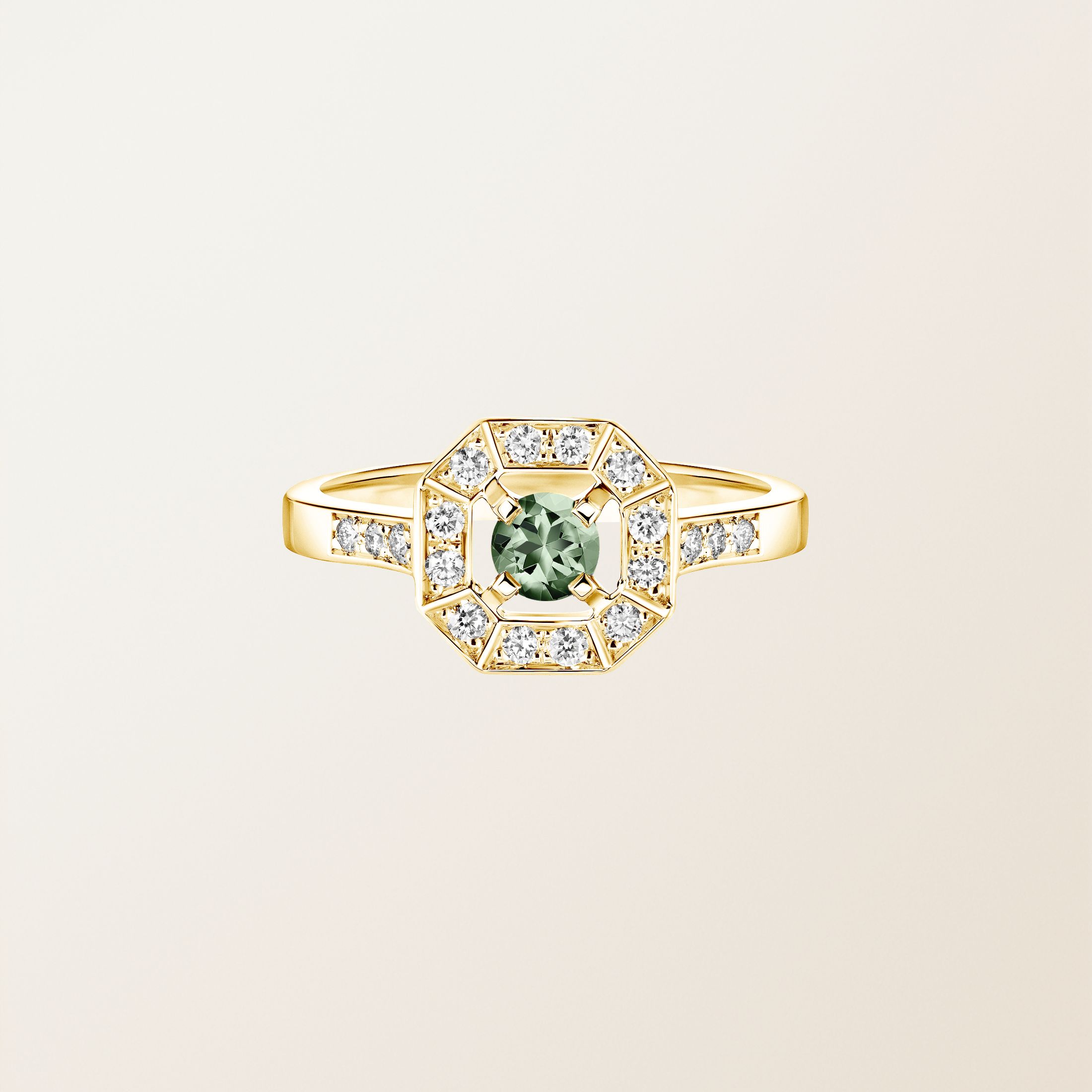 Bague Or jaune 18 cts Saphir Vert Art Déco Rond 4 mm