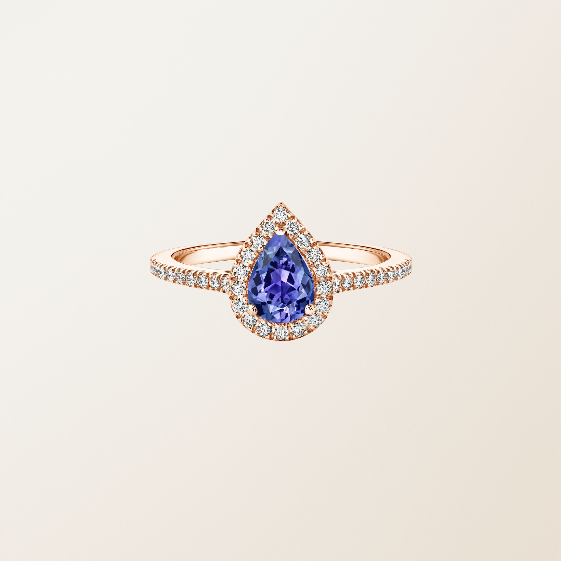 Bague Or rose 18 cts Tanzanite Rétromantique Poire Pavée
