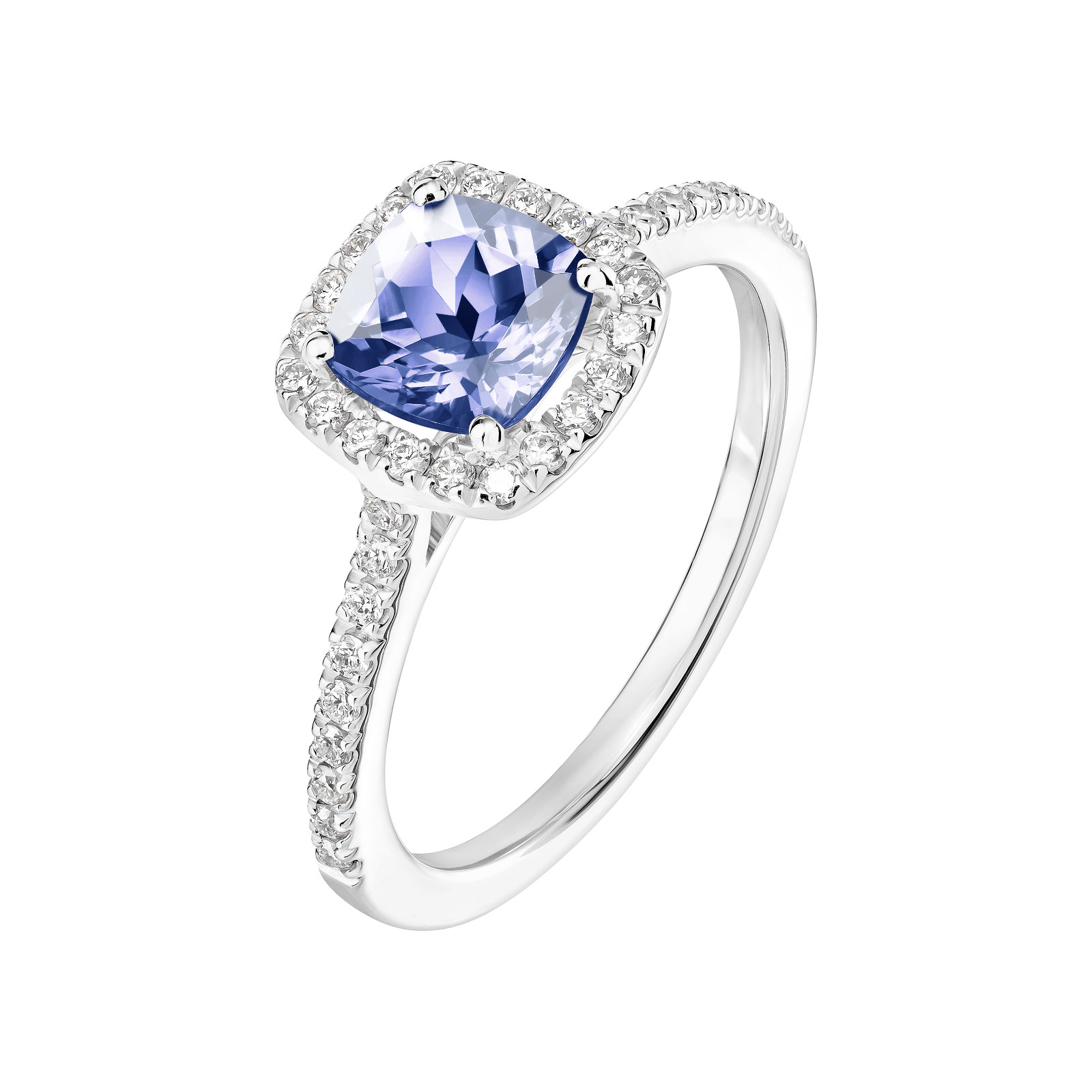 Bague Or blanc Tanzanite et diamants Rétromantique Coussin Pavée 1