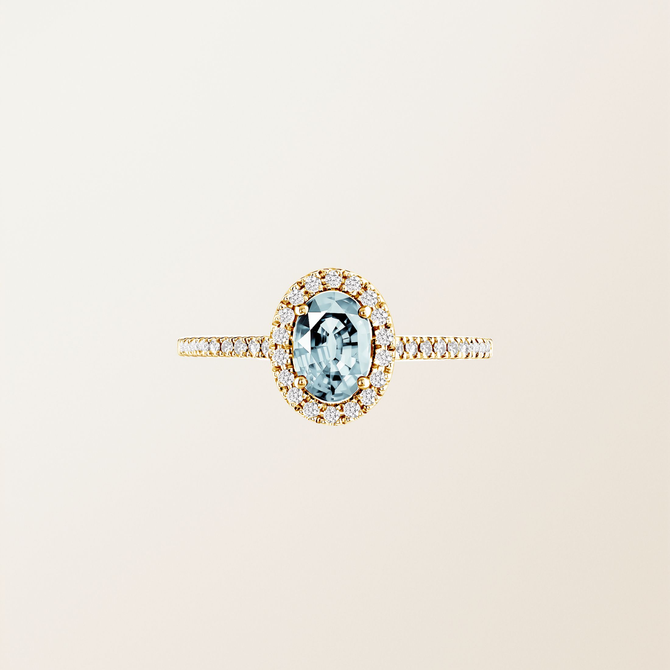 Bague Or jaune 18 cts Aigue-marine Rétromantique Ovale Pavée