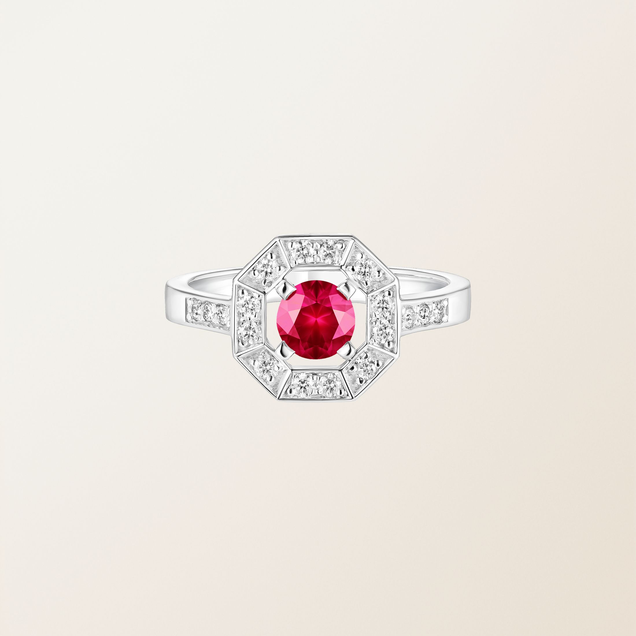 Ring 18K Weißgold Rubin Art Déco Rond 5 mm