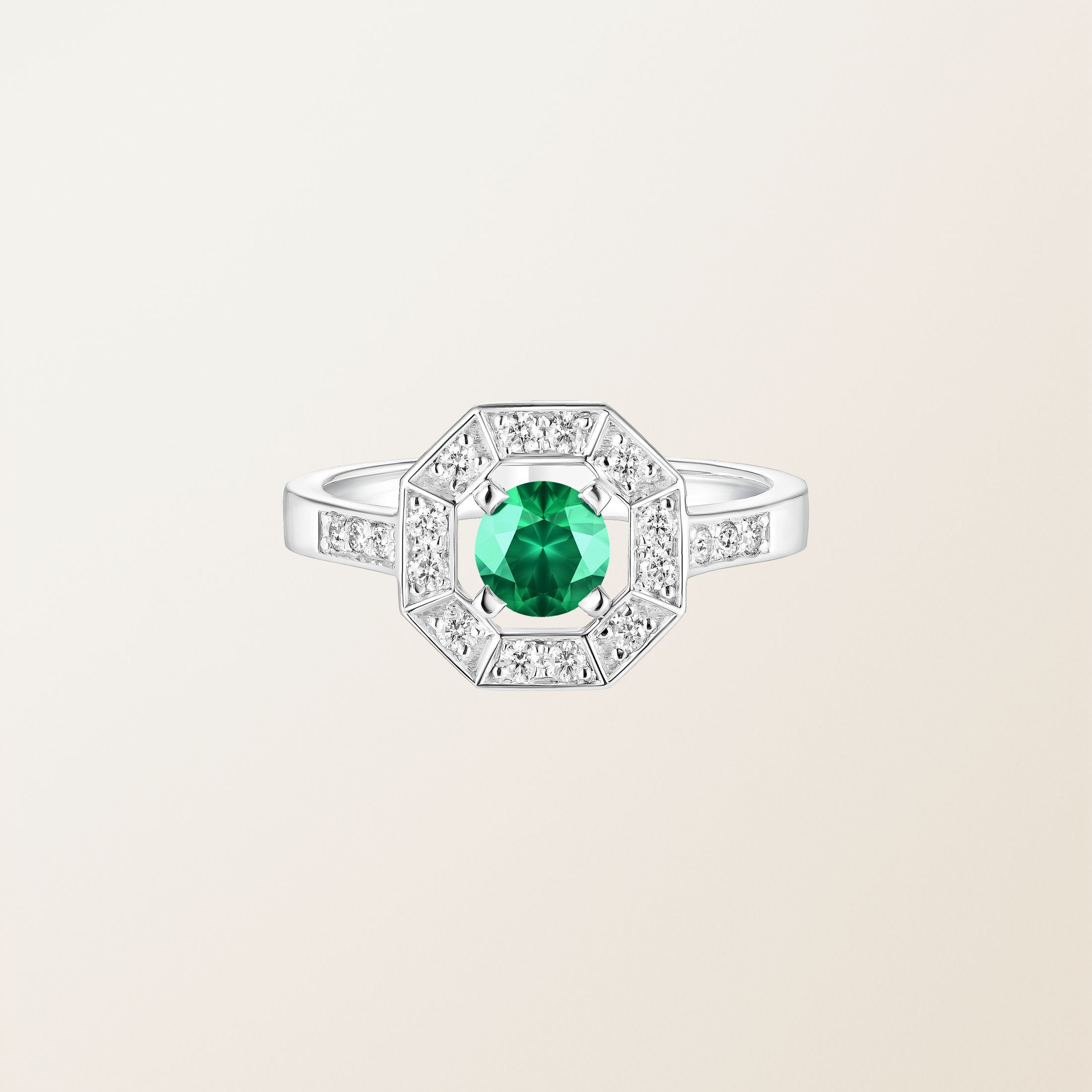 Ring 18K Weißgold Smaragdgrün Art Déco Rond 5 mm