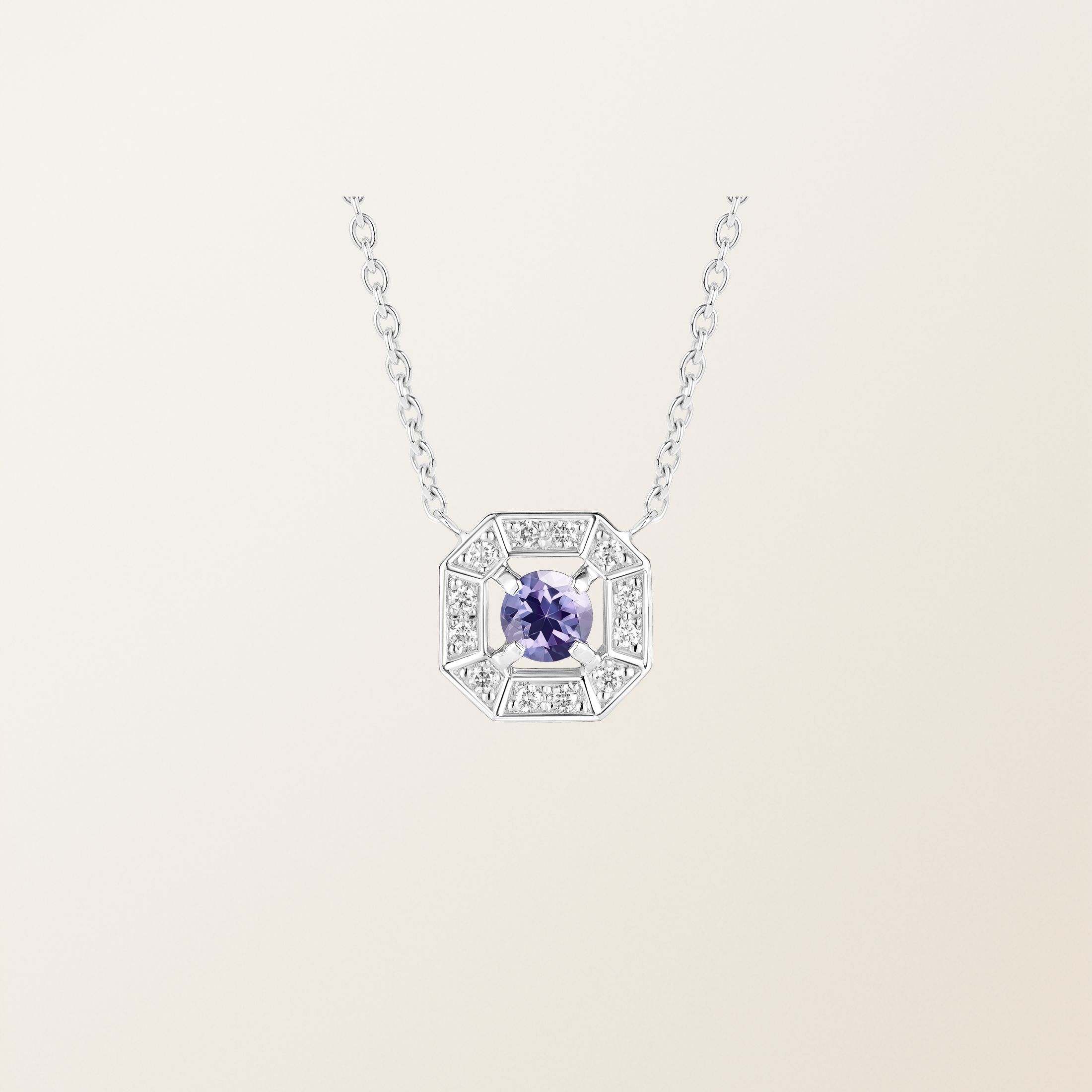 Pendentif Or blanc 18 cts Tanzanite Art Déco Rond 4 mm